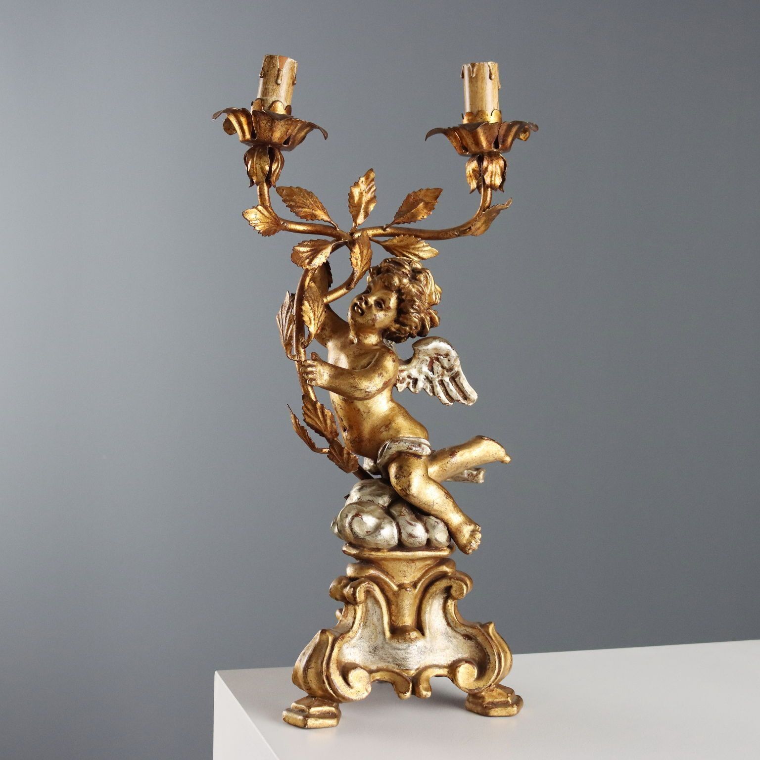 Antique Candelabra Carved Gilded Wood Italy XX Century