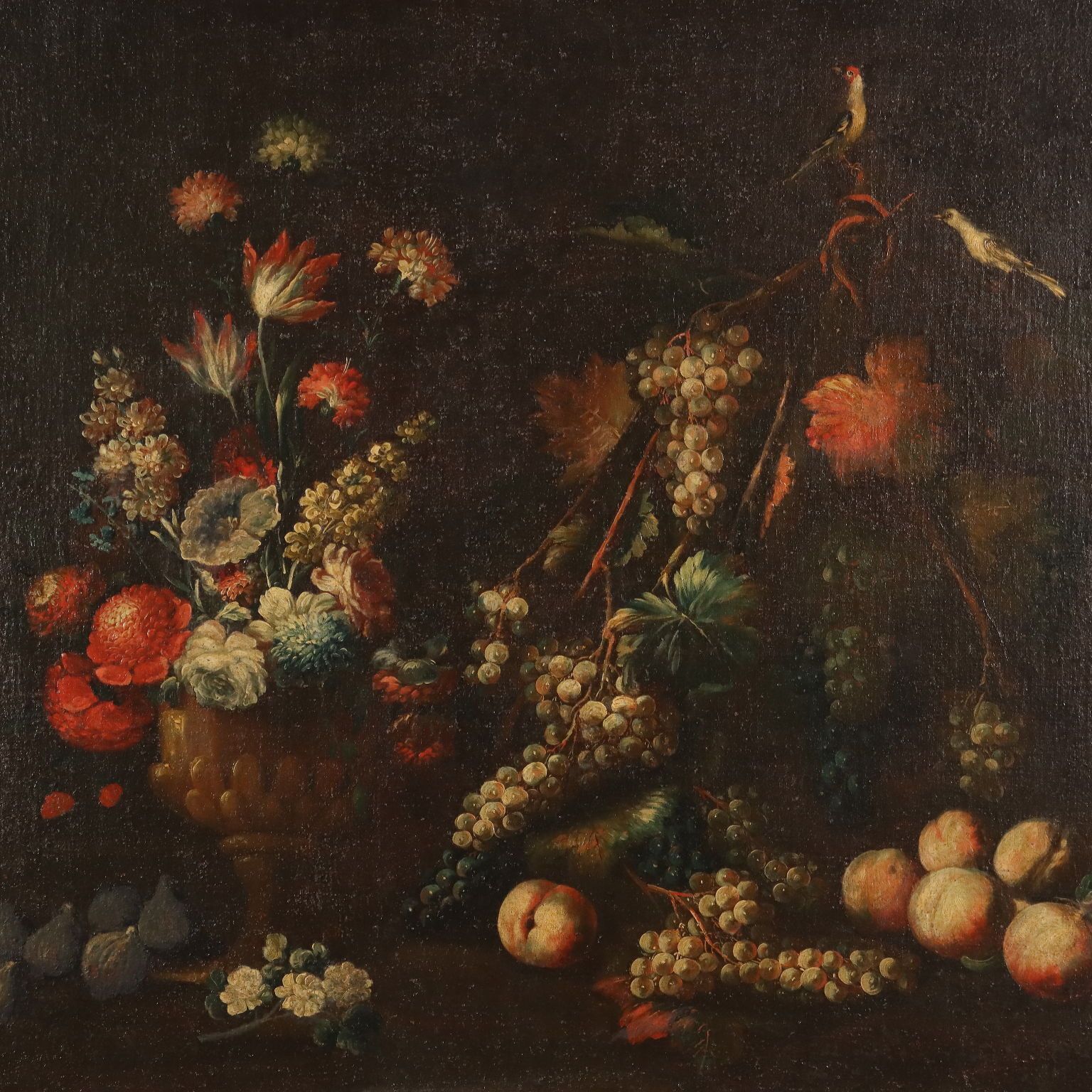 Antique Painting Still Life With Flowers Fruit And Birds XVIII Century photo for sale