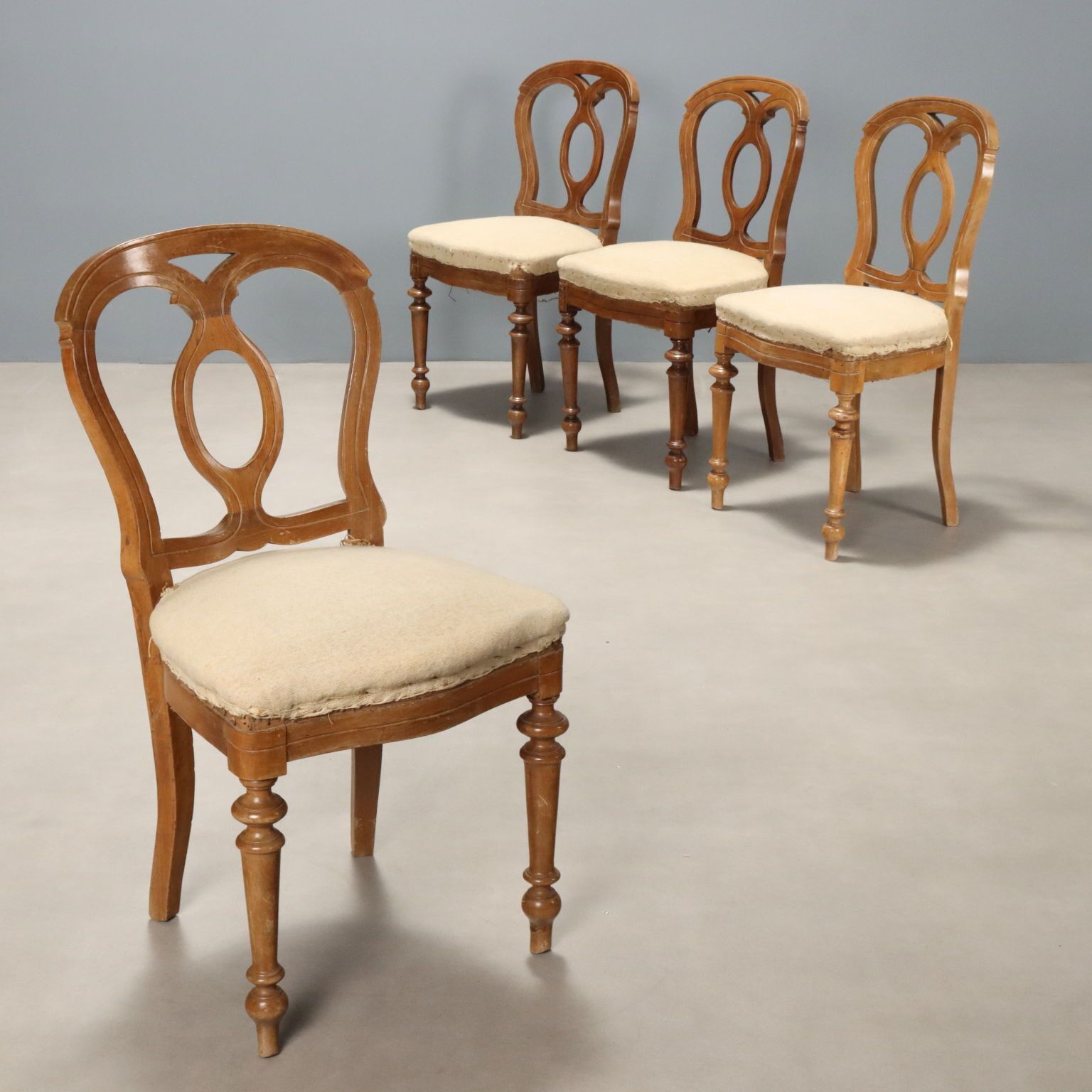 Antique Chairs Walnut Horsehair Padding Italy XIX Century