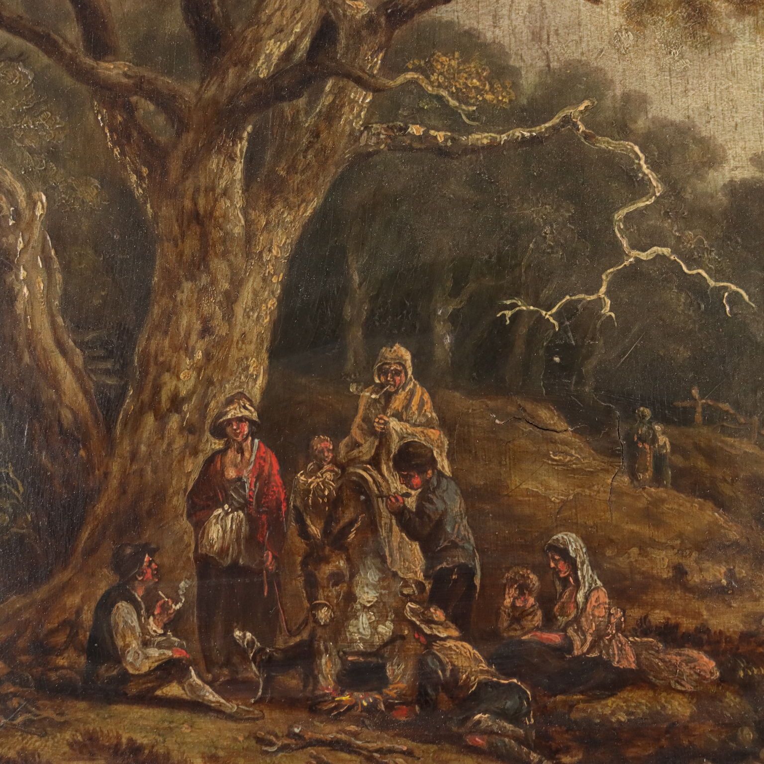 Antique Painting Landscape With Wayfarers Oil On Hardboard '700 photo Art