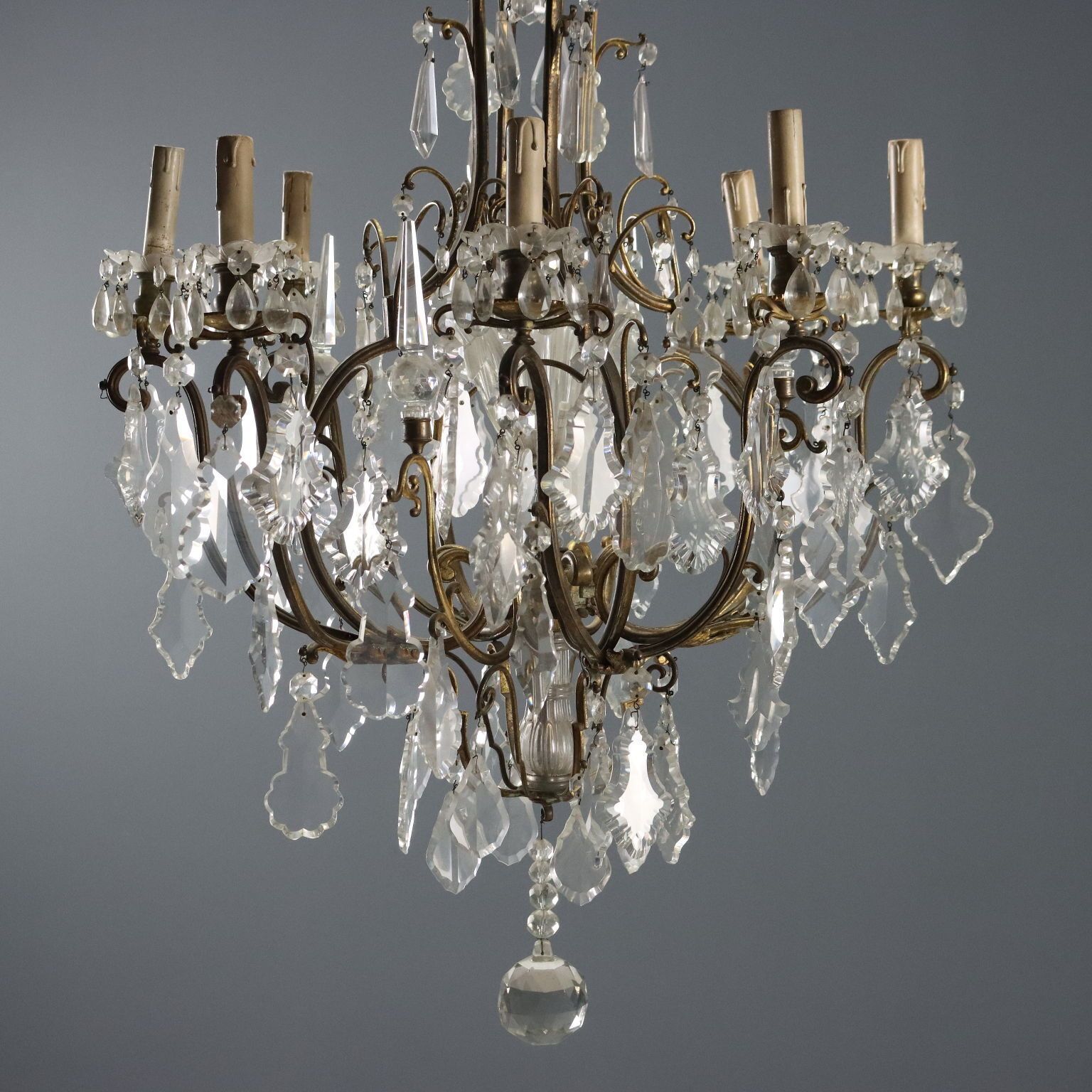 Antique Chandelier Gilded Metal Glass Italy XIX Century photo for sale
