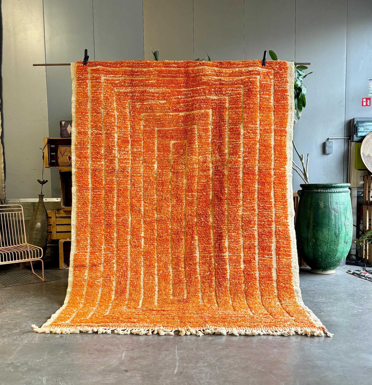 Handmade Moroccan Berber Mrirt Rug – Orange Wool Rug 200x300 Cm –Modern Textured Carpet – Bold Abstract Design – Large Living Room Area Rug