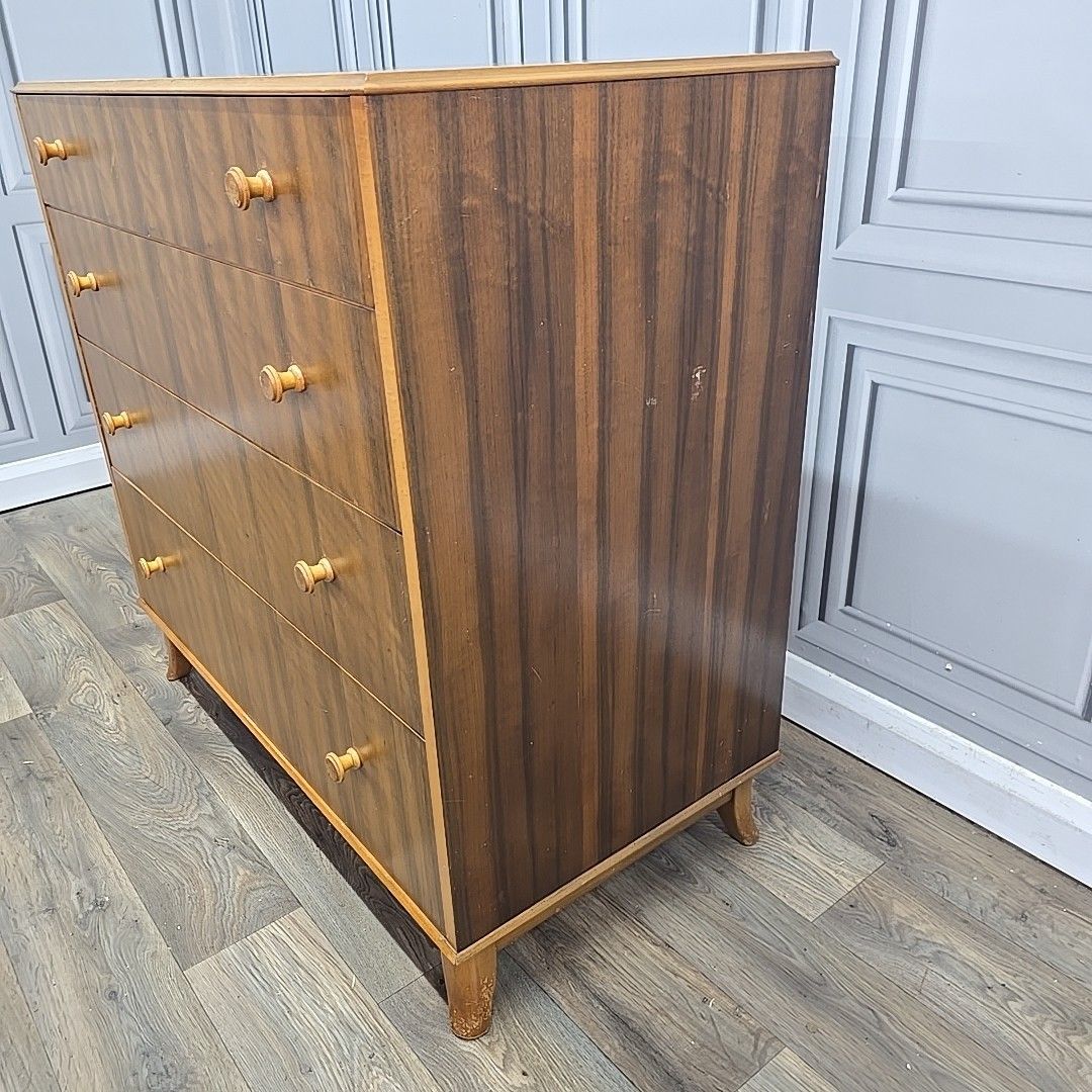 photo buy Vintage Chest Of Drawers Vesper Walnut Veneer Mid Century Modern Commode Retro