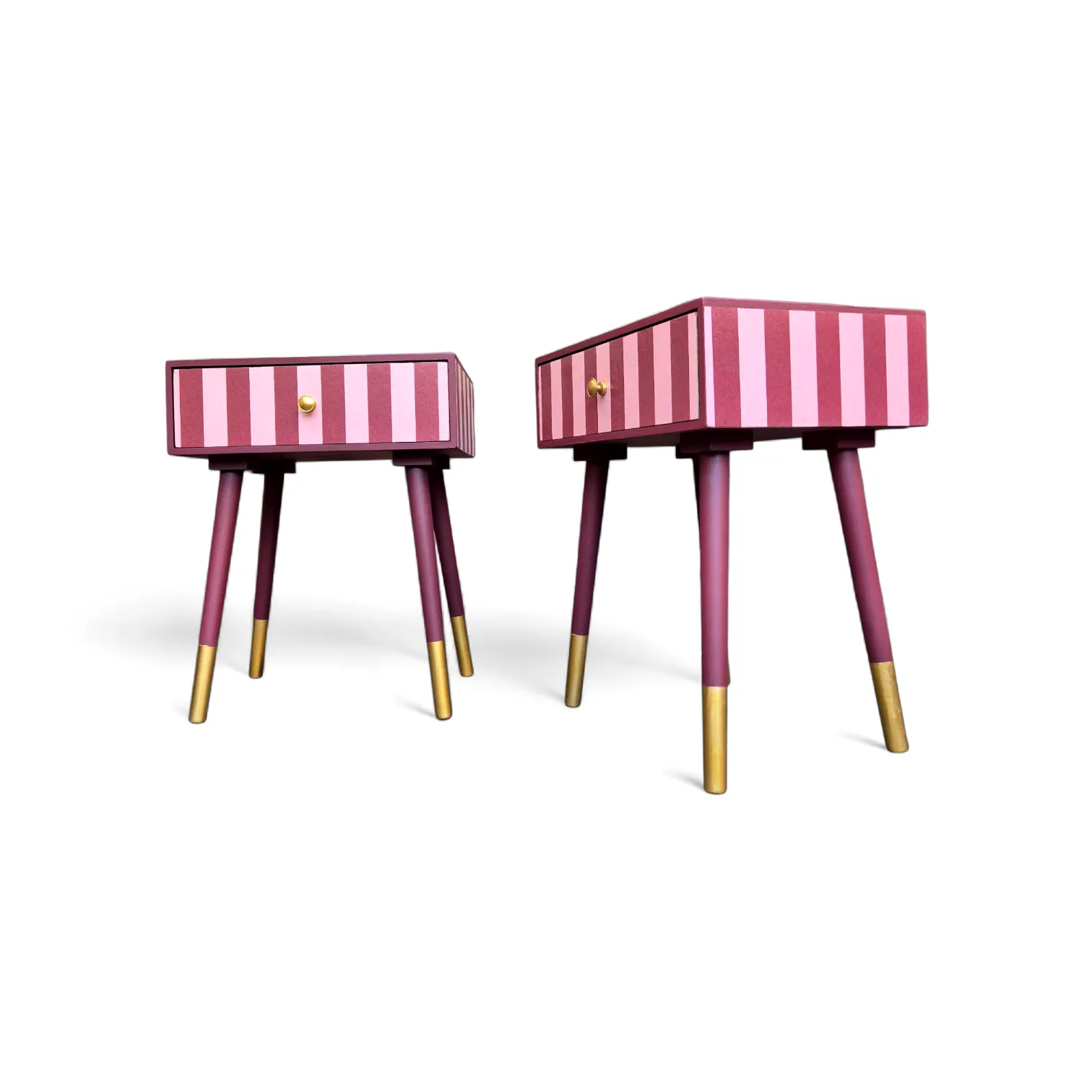 Pair Of Luxury Upcycled Bedsides With Maroon Candy Stripe Decoupage photo vinterior