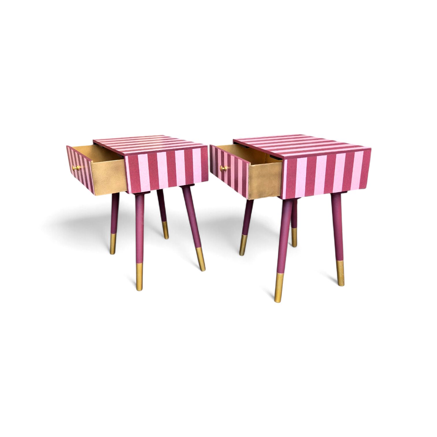 Pair Of Luxury Upcycled Bedsides With Maroon Candy Stripe Decoupage photo vintage
