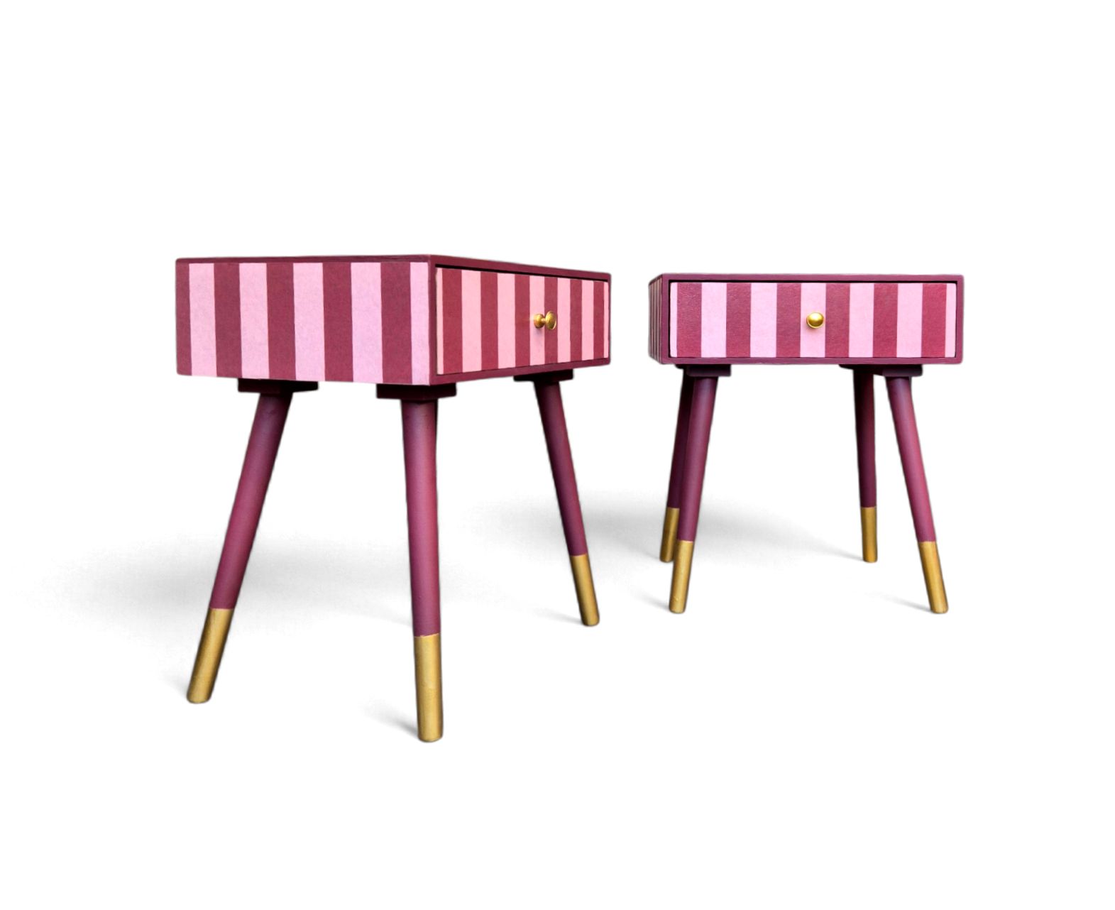 photo furniture Pair Of Luxury Upcycled Bedsides With Maroon Candy Stripe Decoupage
