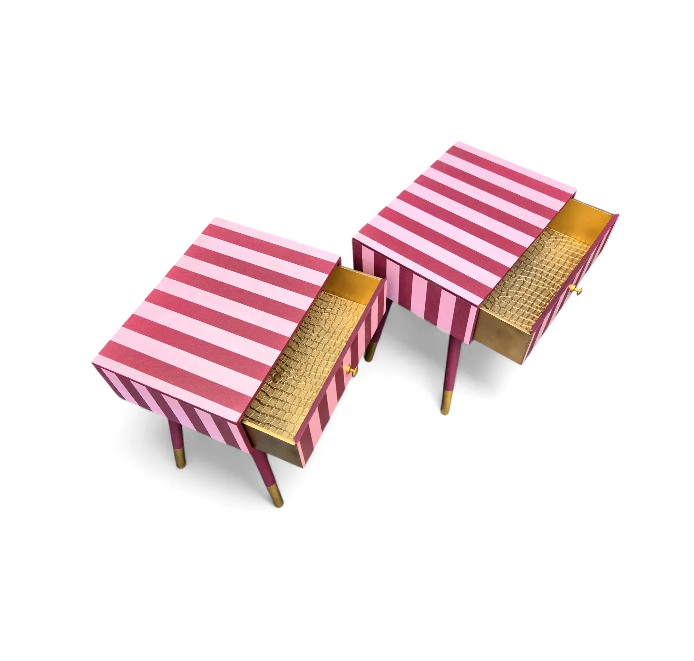 Furniture Pair Of Luxury Upcycled Bedsides With Maroon Candy Stripe Decoupage photo
