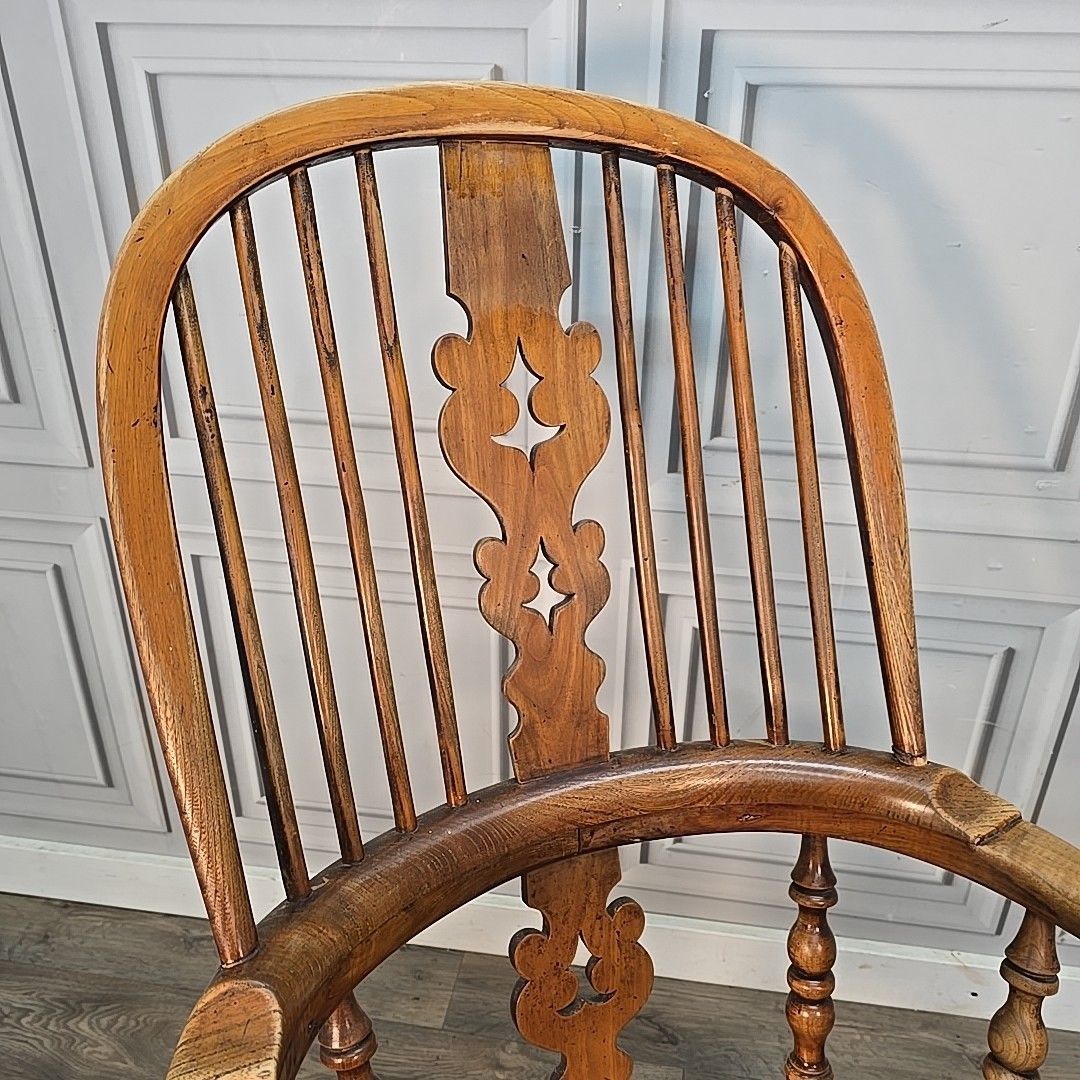 Antique Windsor Armchair Elm Seat Hoop Back 19th Century Turned Wooden Chair photo for sale