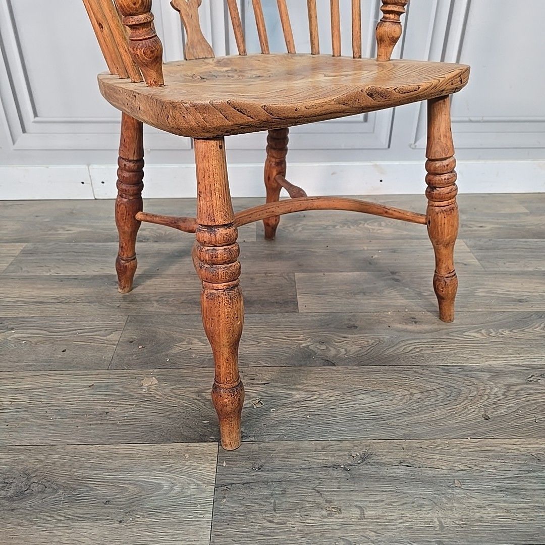 Antique Smokers Bow Chair Elm Seat Wooden Windsor Armchair Desk Hall 19th C photo for sale