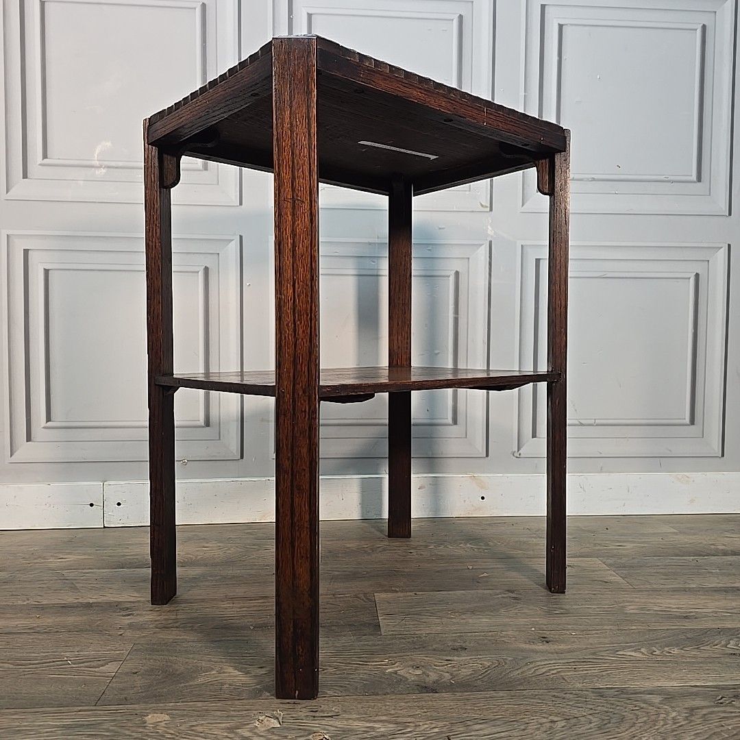 Antique Oak Side Table Two Tier Hall Lamp Plant Stand Arts Crafts Jacobean photo for sale