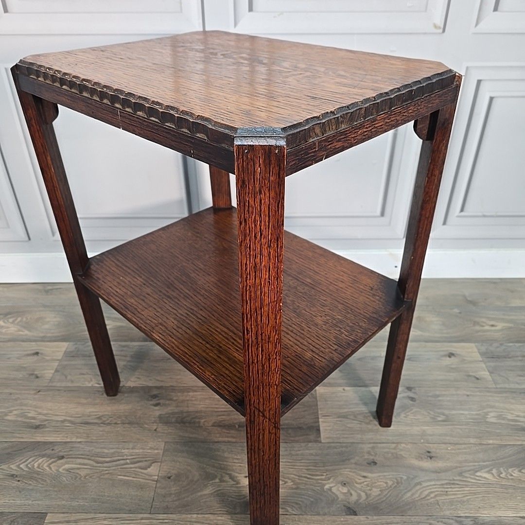 Antique Oak Side Table Two Tier Hall Lamp Plant Stand Arts Crafts Jacobean photo vintage