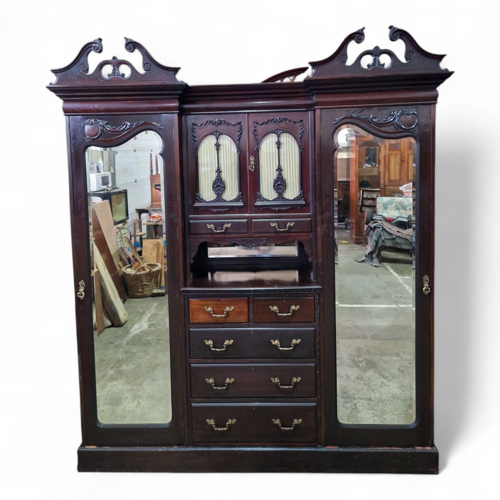 Victorian Triple Wardrobe Mahogany Mirrored Antique Combination Carved Armoire photo 795.0