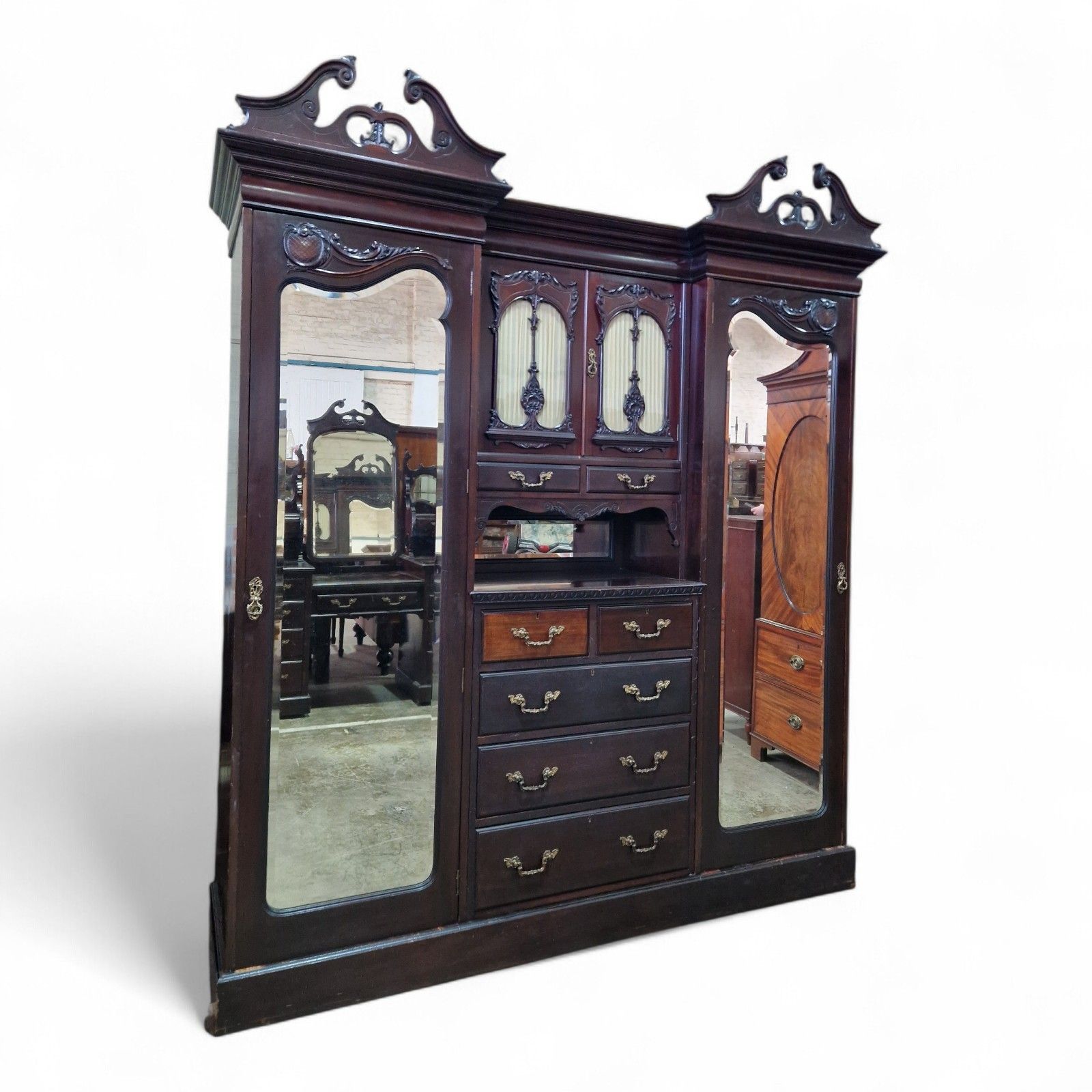 Victorian Triple Wardrobe Mahogany Mirrored Antique Combination Carved Armoire photo vintage