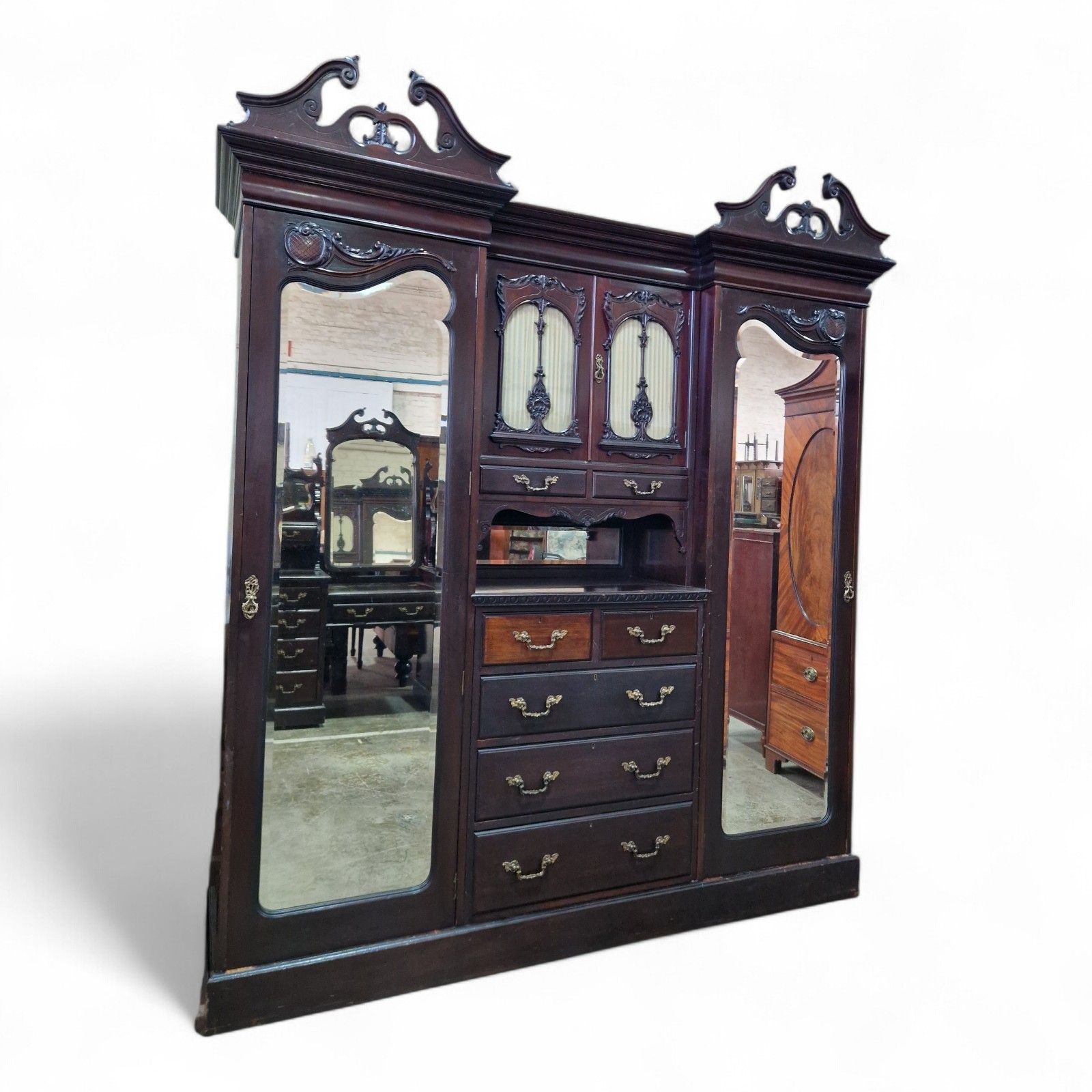 photo furniture Victorian Triple Wardrobe Mahogany Mirrored Antique Combination Carved Armoire
