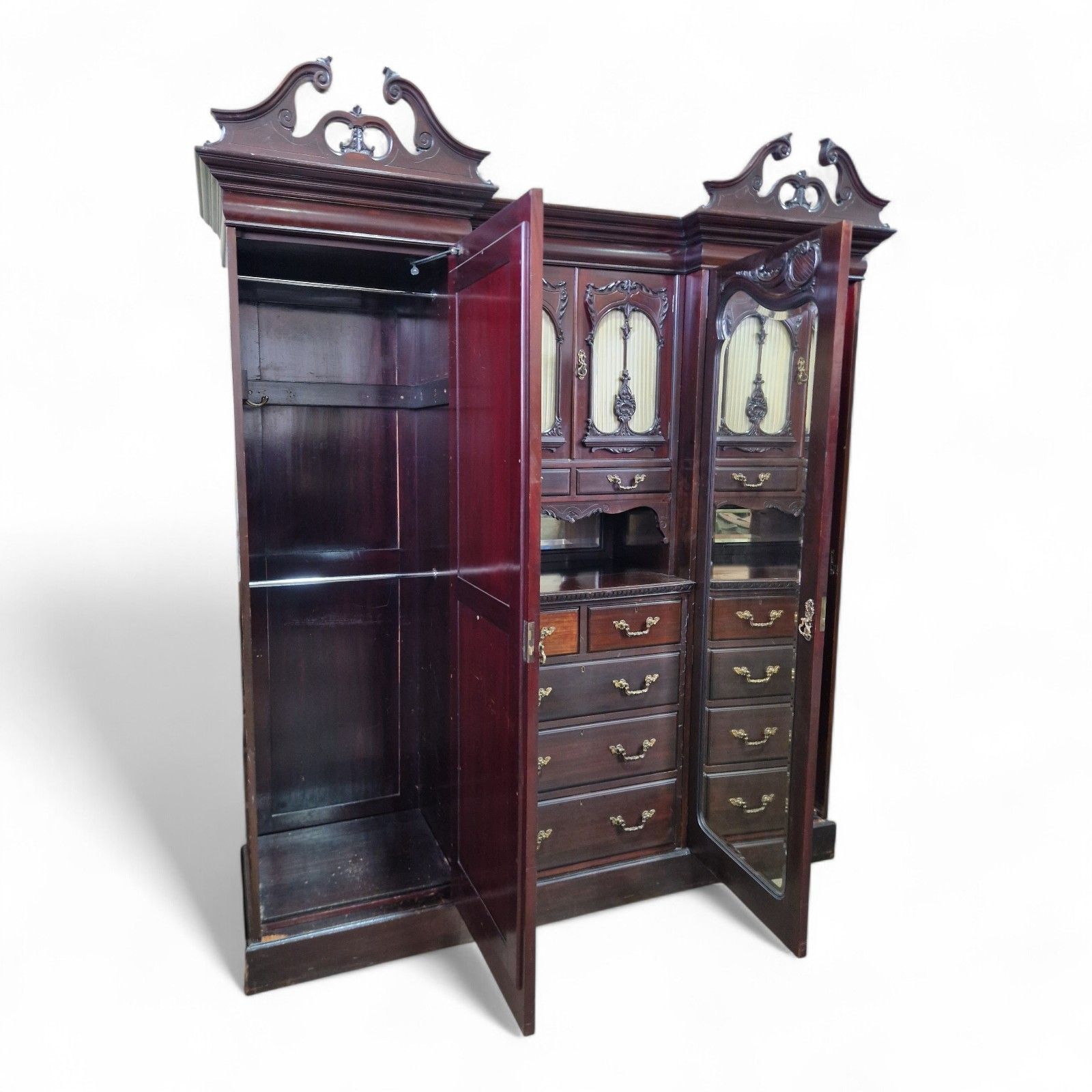 photo buy Victorian Triple Wardrobe Mahogany Mirrored Antique Combination Carved Armoire