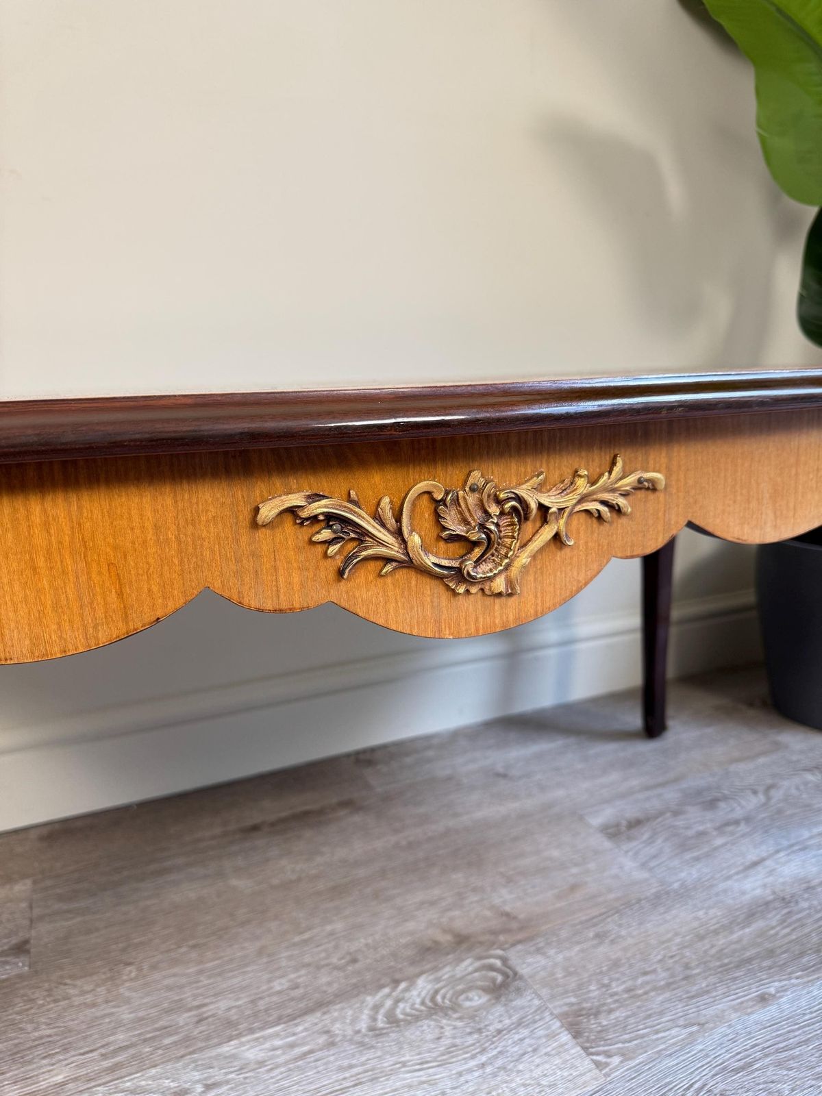 Vintage French Louis XV Style Marquetry Gilt Low Coffee Table photo vinterior