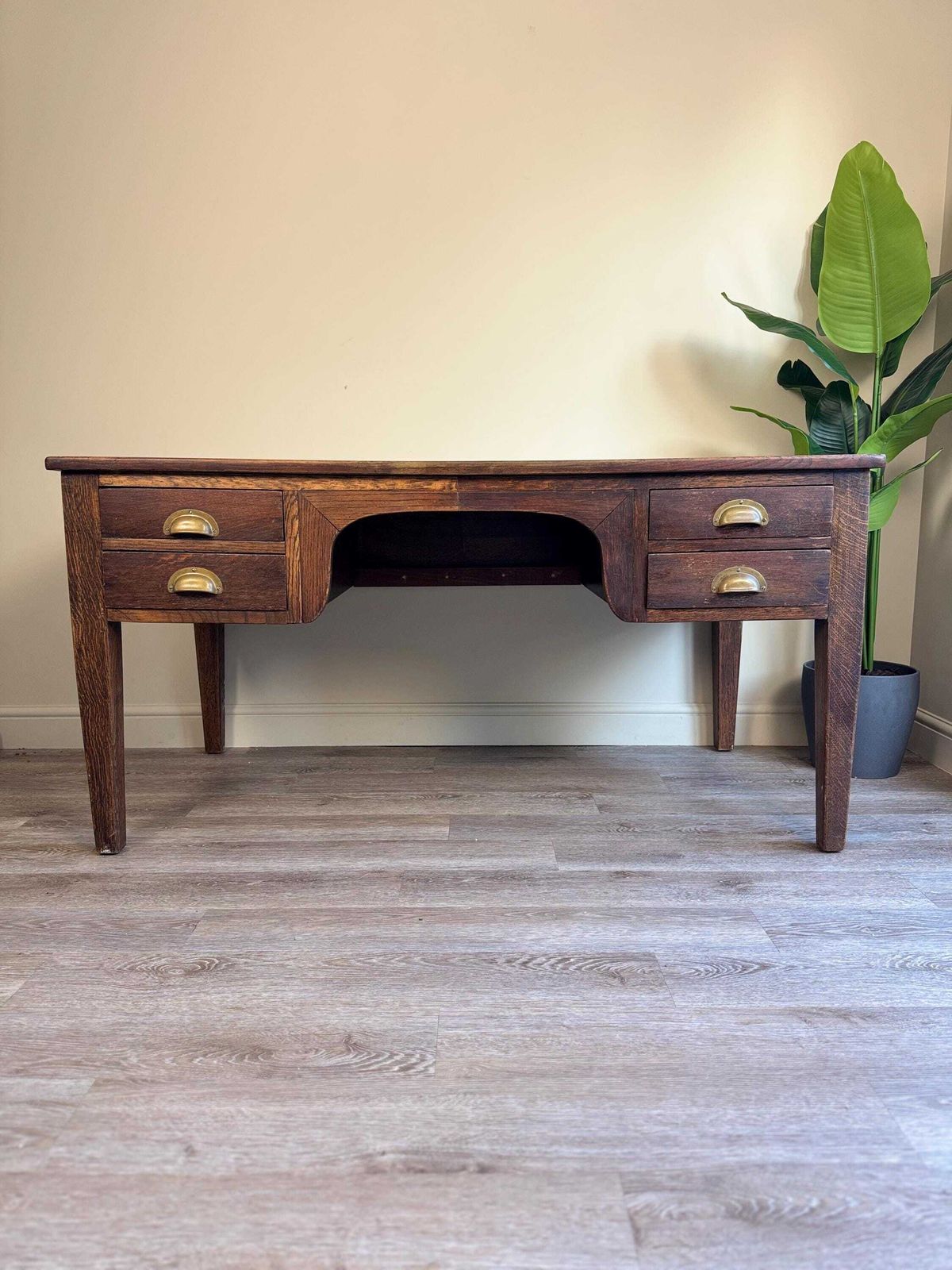 1936 Vintage Presidential Writing Desk – Solid Oak With Original Leather Top | Office Furniture Executive Desk photo furniture