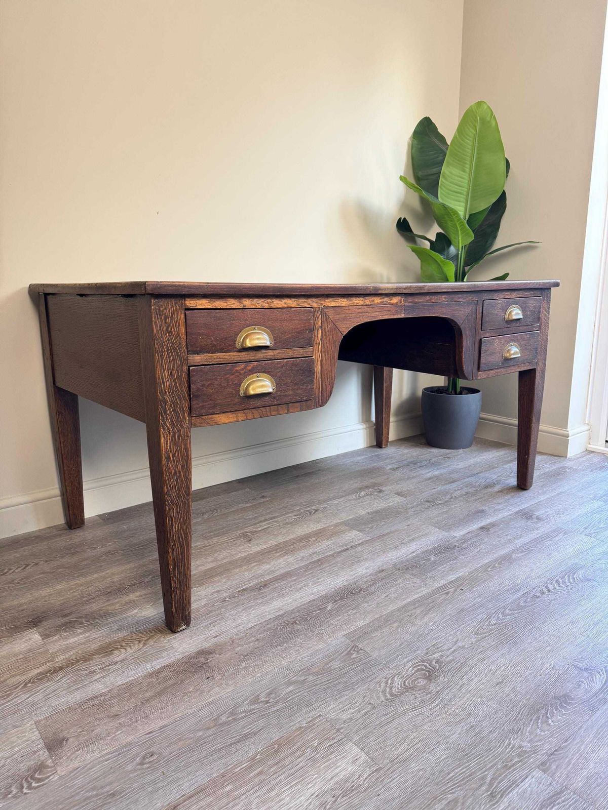 1936 Vintage Presidential Writing Desk – Solid Oak With Original Leather Top | Office Furniture Executive Desk photo for sale