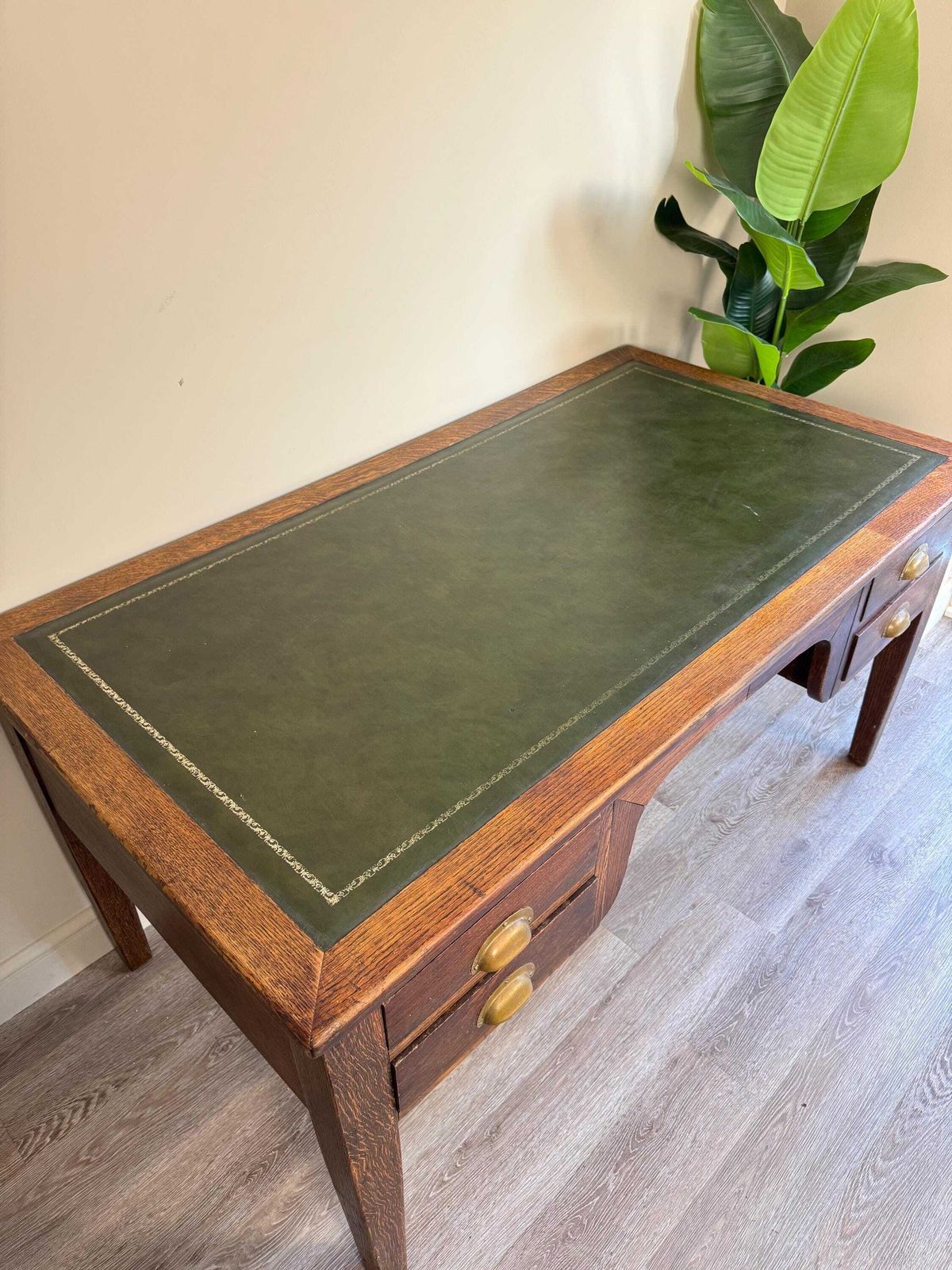 1936 Vintage Presidential Writing Desk – Solid Oak With Original Leather Top | Office Furniture Executive Desk photo Furniture