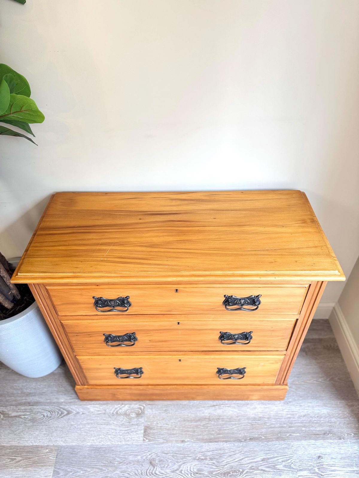 Solid Wood Vintage Chest Of Drawers With Original Metal Handles Three Dovetail Drawers photo for sale