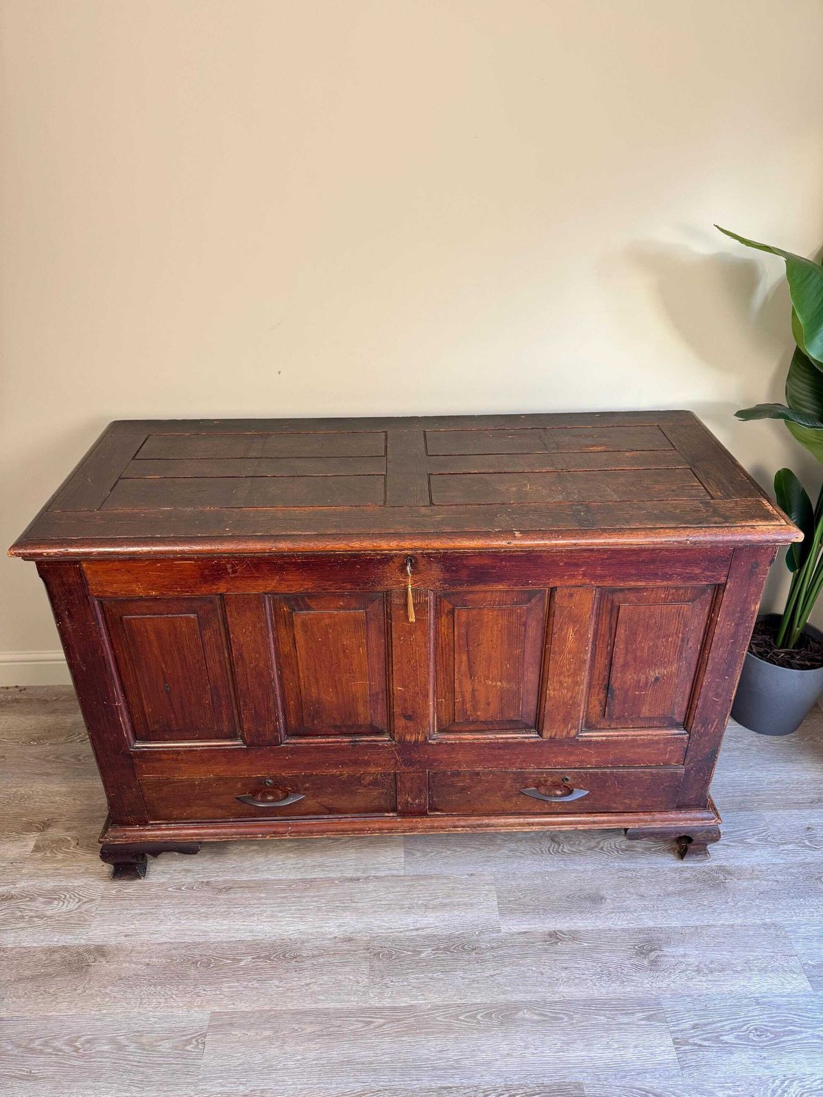 Extra Large 19th Century Antique Oak Dark Wood Blanket Box Chest Coffer With Key Rustic Farmhouse photo for sale