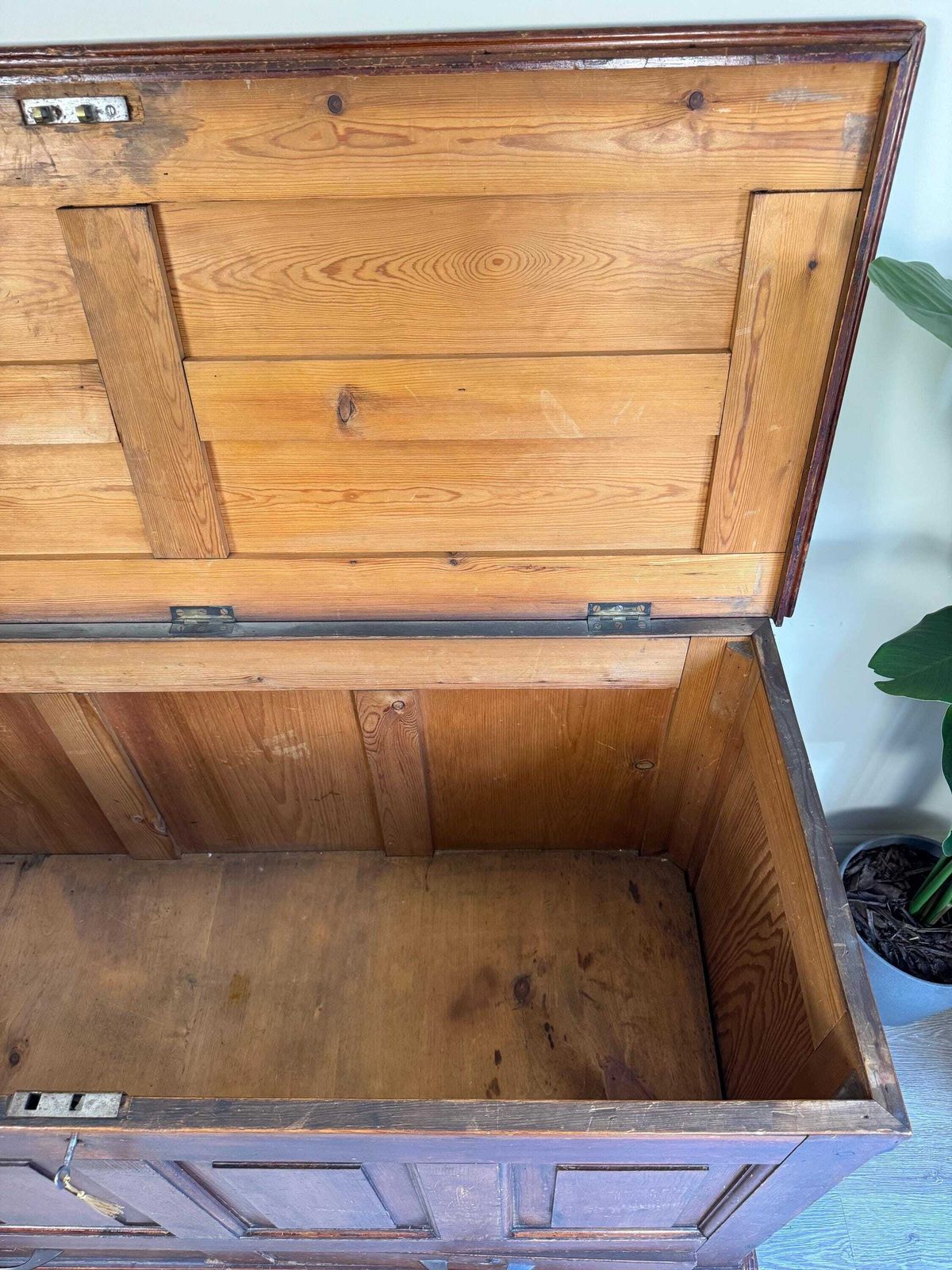 photo for sale Extra Large 19th Century Antique Oak Dark Wood Blanket Box Chest Coffer With Key Rustic Farmhouse