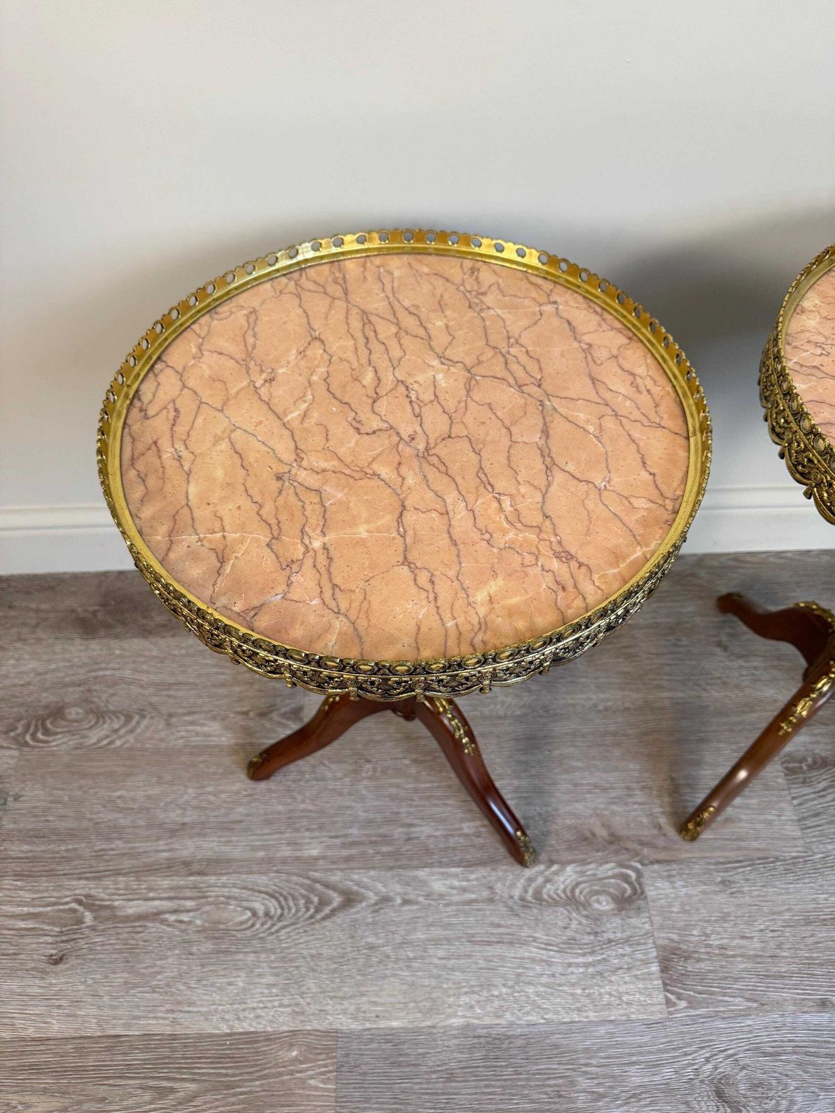 Pair Of French Louis XV Style Pink Marble Gallery Topped Tripod Tables photo buy