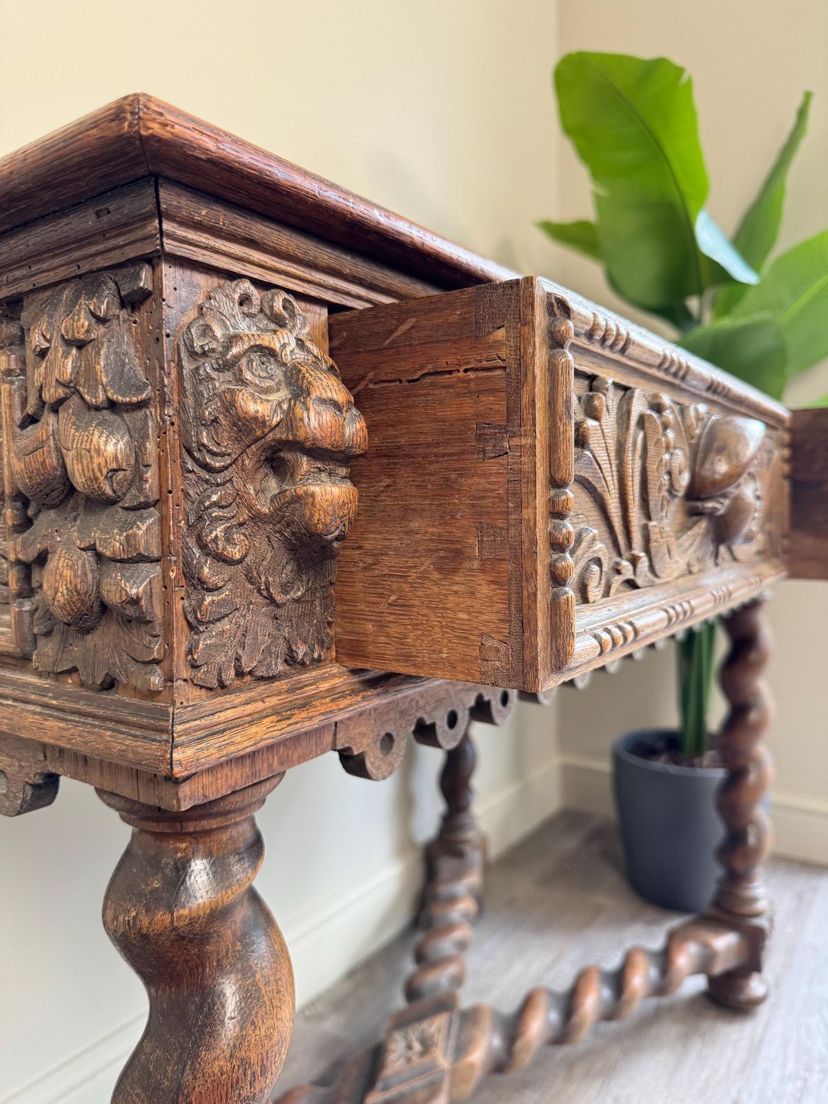 Antique Carved Wood Console Table: Barley Twist Hall, Gothic Revival photo 595.0
