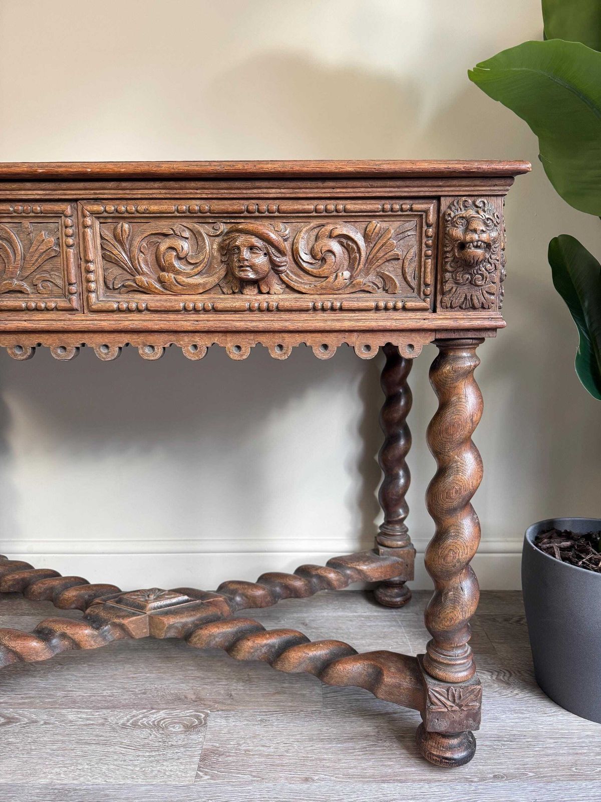 Antique Carved Wood Console Table: Barley Twist Hall, Gothic Revival photo buy