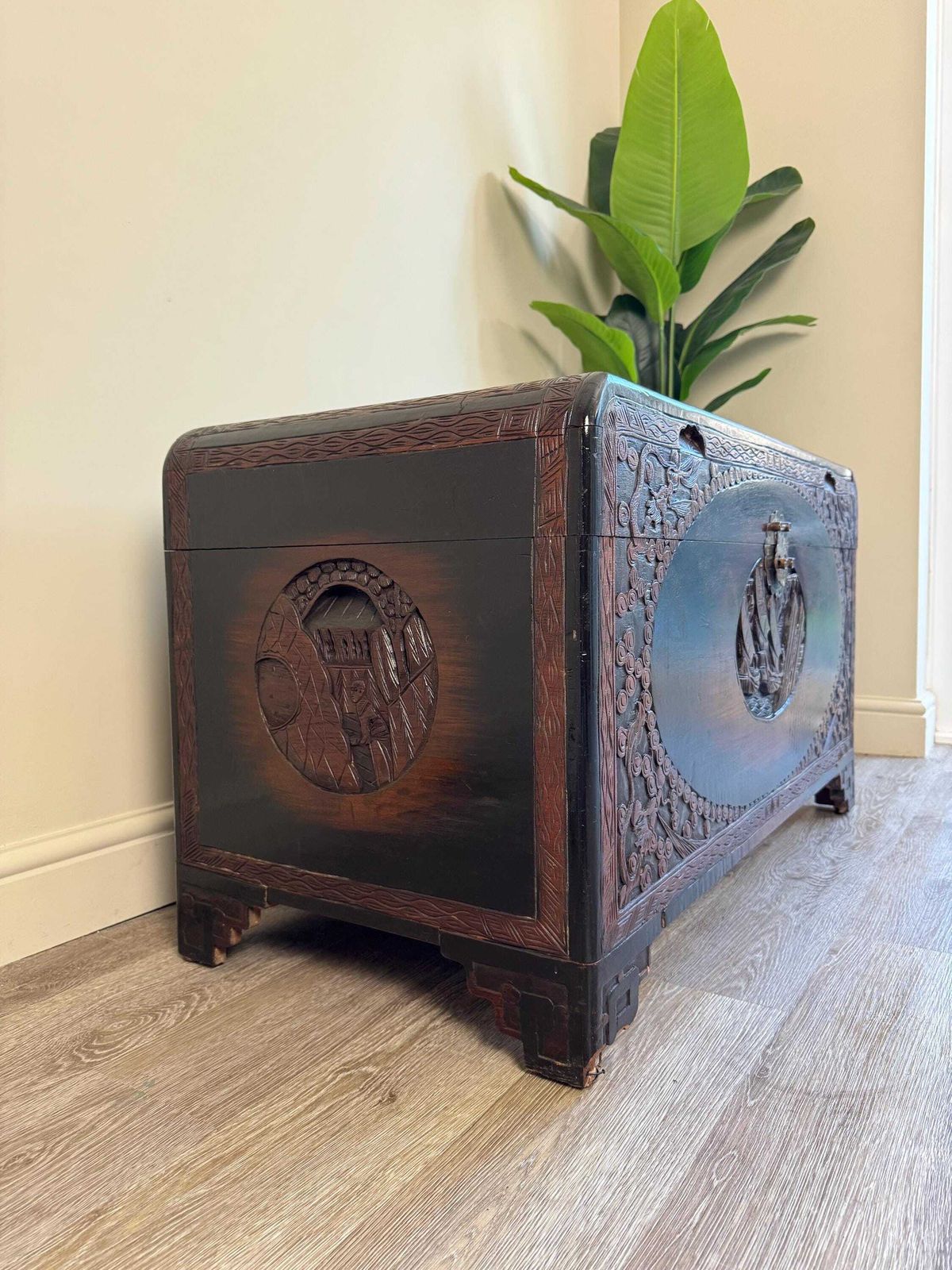 Vintage Chinese Carved Oak Dark Wood Blanket Box Chest Coffer Camphor Chest photo vinterior