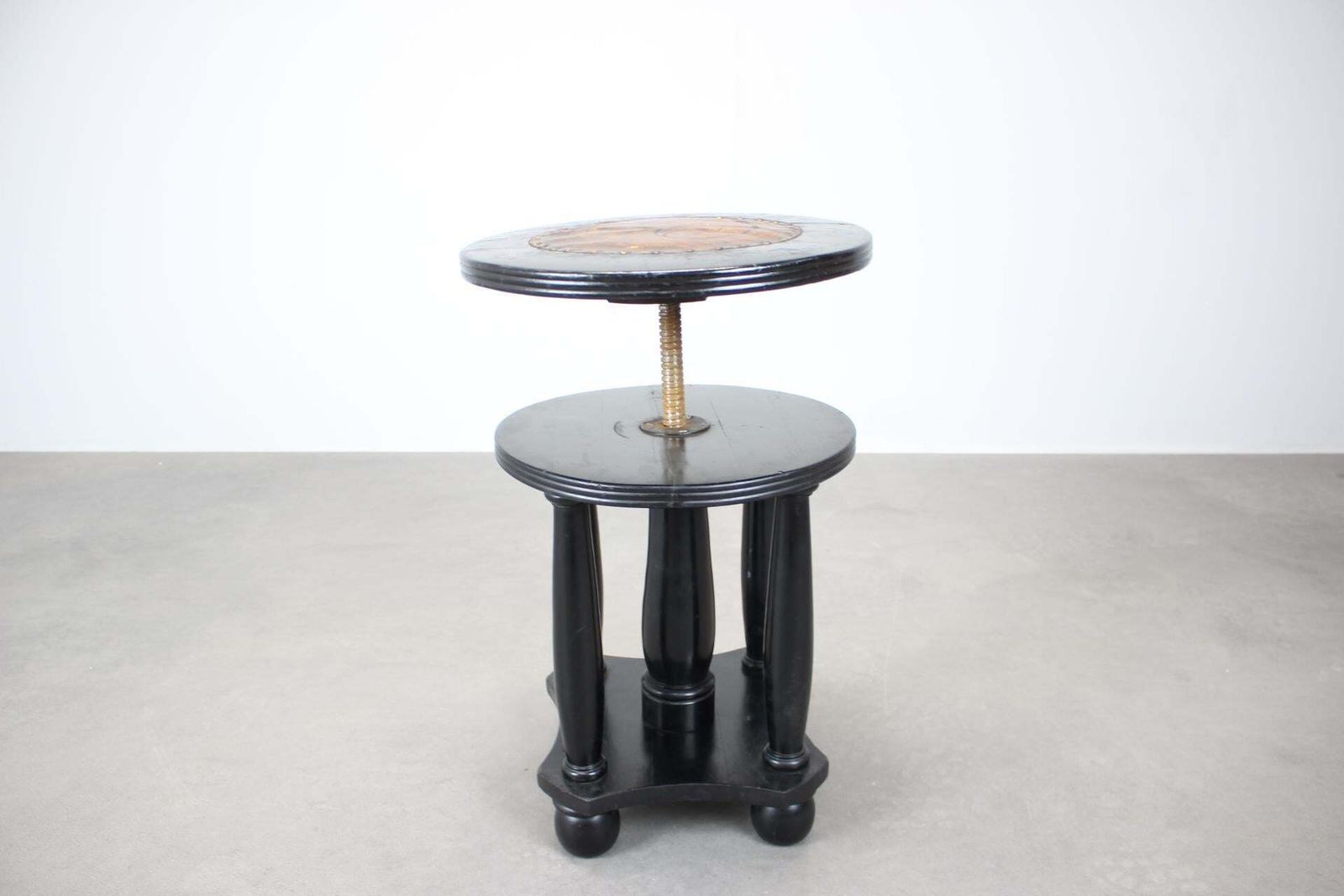photo furniture Antique Adjustable Piano Stool Leather Seat Black Wood, 1910's, Czechoslovakia