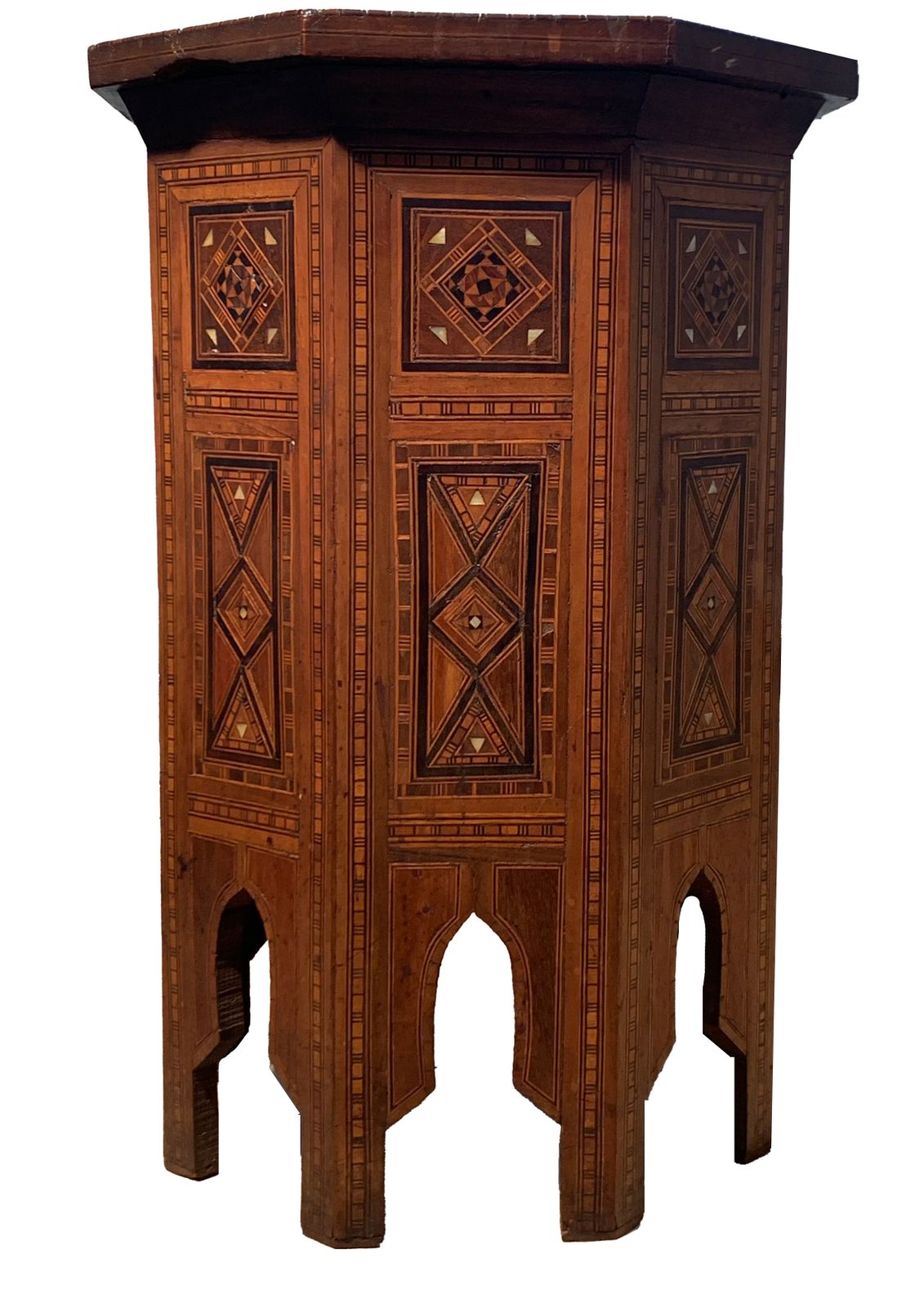 19th Century Hand Crafted Moroccan Octagonal Pedestal Table With Repetitive Geometric Inlaid Parquetry. photo Furniture