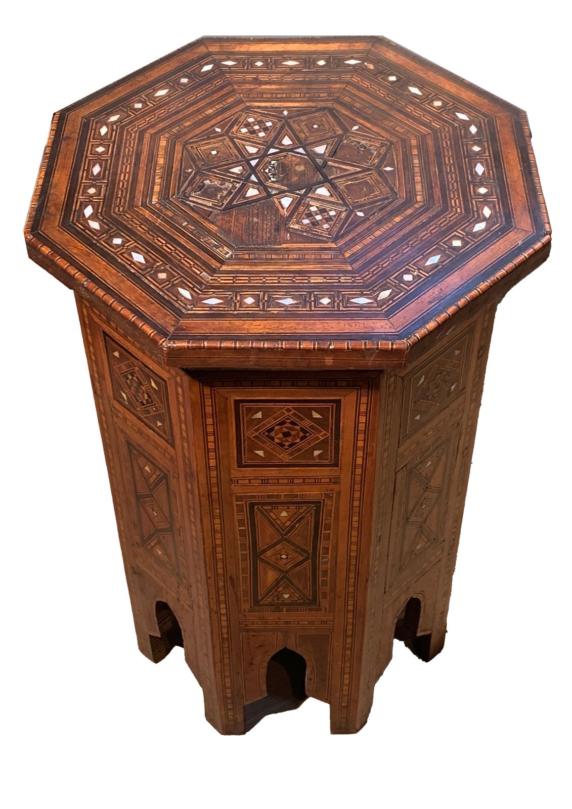 19th Century Hand Crafted Moroccan Octagonal Pedestal Table With Repetitive Geometric Inlaid Parquetry. photo furniture