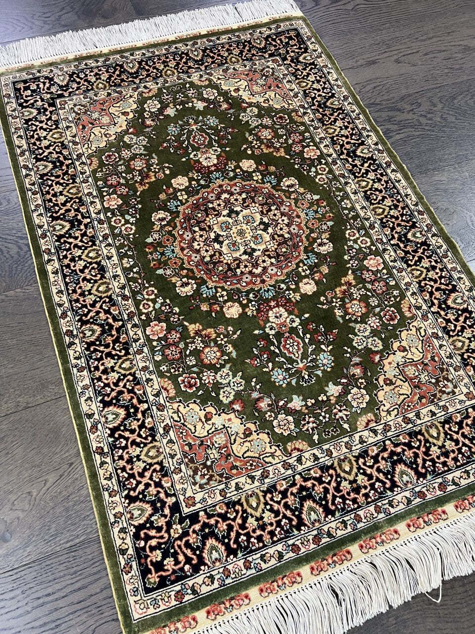 Green Field Turkish Silk Rug, 96 × 63 Cm, Circa 1950 photo for sale
