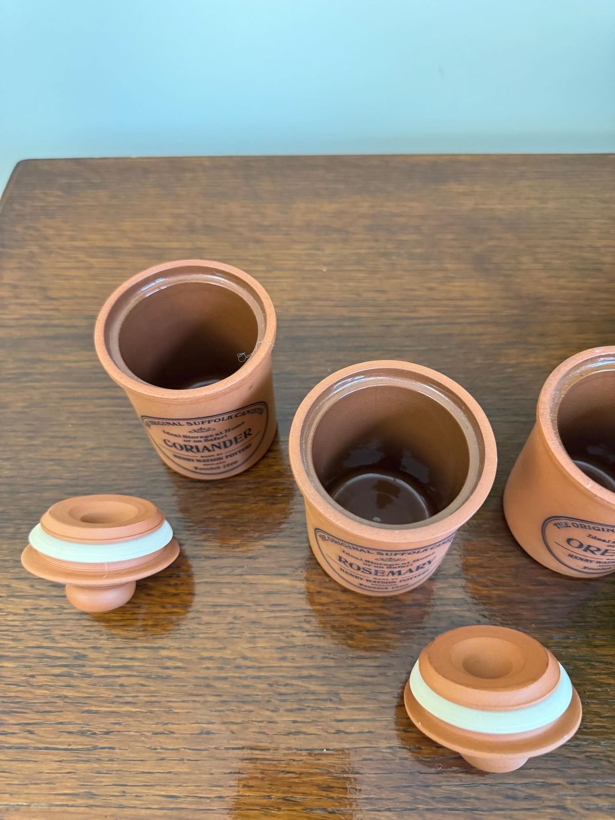 Set Of Henry Watson Pottery Spice Herb Ceramic Jars Sealed Earthenware Containers Terracotta Farmhouse photo buy