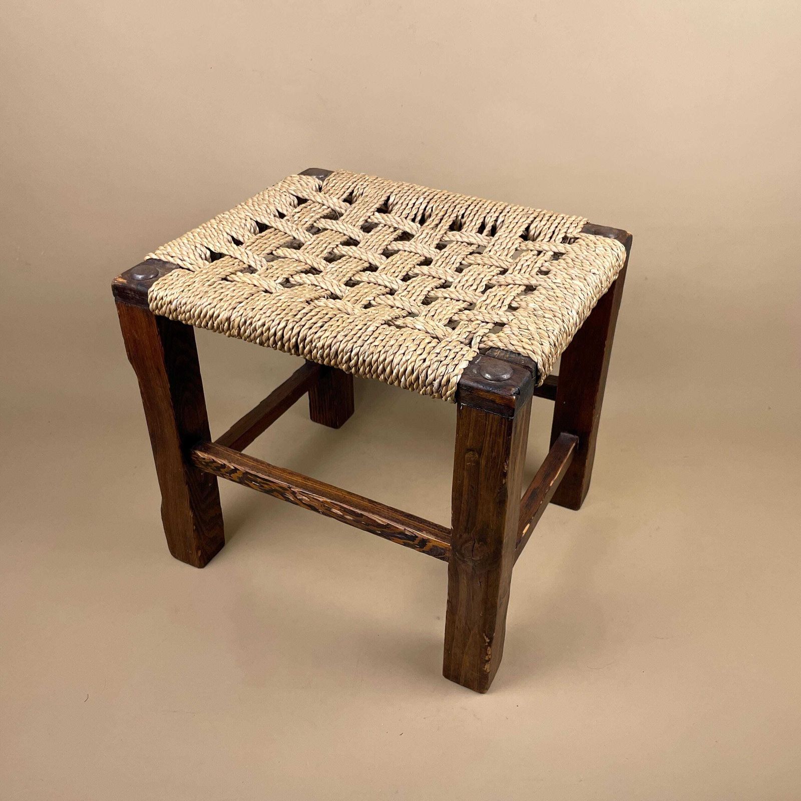 Antique Wooden Foot Stool Woven String Wood Cottage Furniture Rectangle Brown Hallway Seat 30.3x33x28cm Footstool Bench