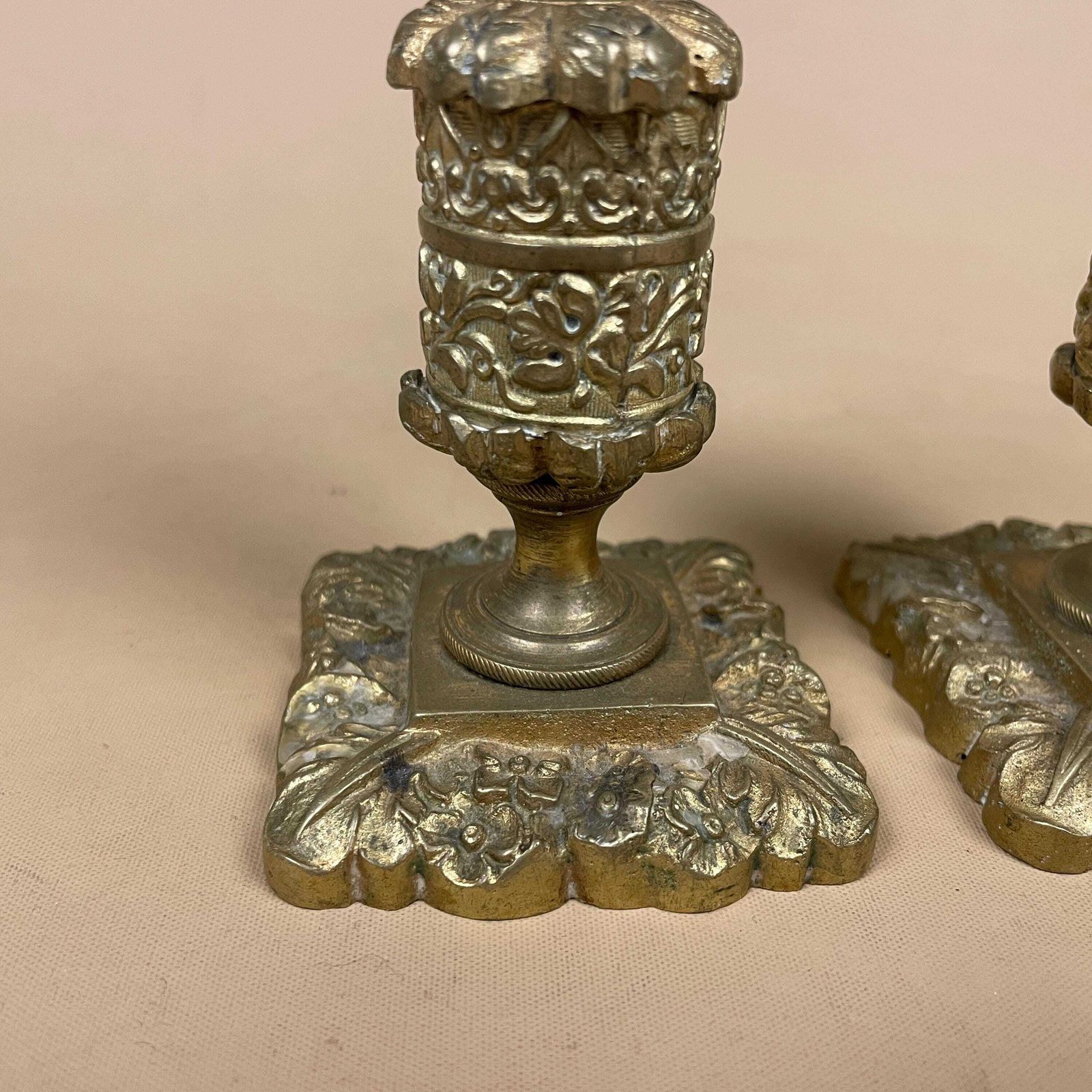 Antique Matching Pair Of Gold Brass Metal Candlestick Candle Stick Holder Vintage Column Taper Dinner Candlesticks Square Base Column Ornate photo vinterior