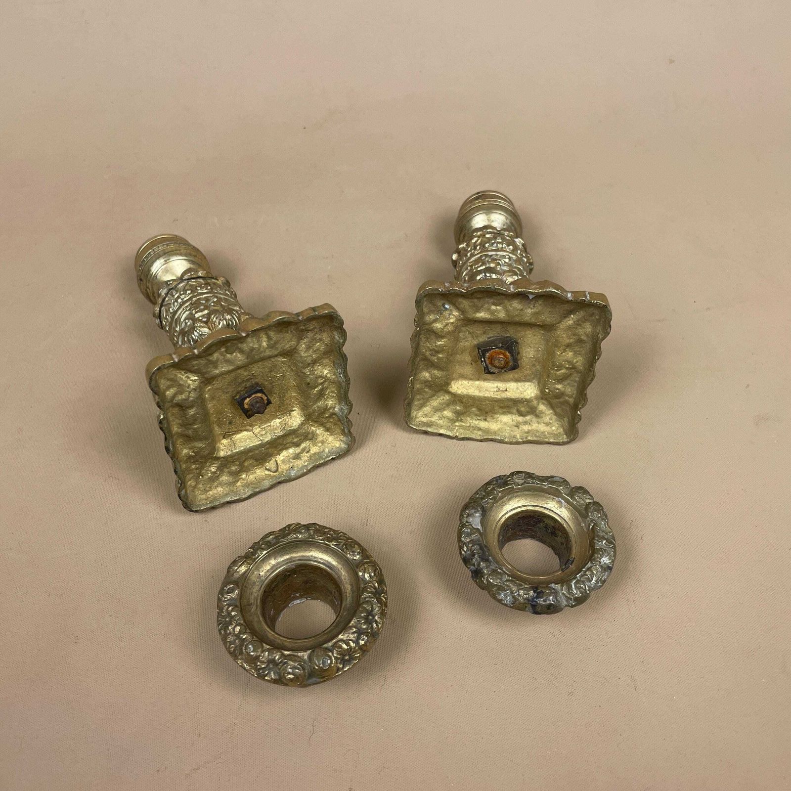 photo for sale Antique Matching Pair Of Gold Brass Metal Candlestick Candle Stick Holder Vintage Column Taper Dinner Candlesticks Square Base Column Ornate