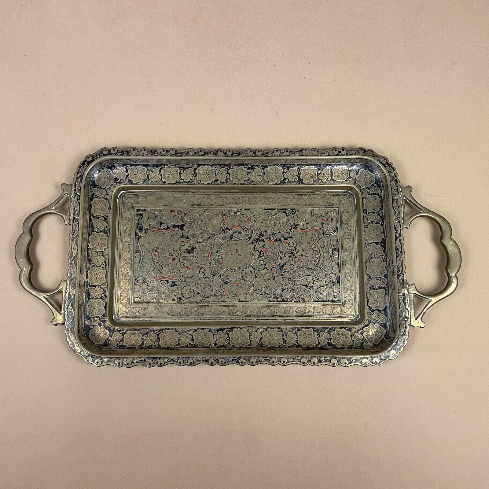 Antique Metal Gold Indian Patterned Brass Tray 40x20cm Plate Rectangle Handmade Etched Intricate Decorative Patterned Wall Handles Vintage photo for sale