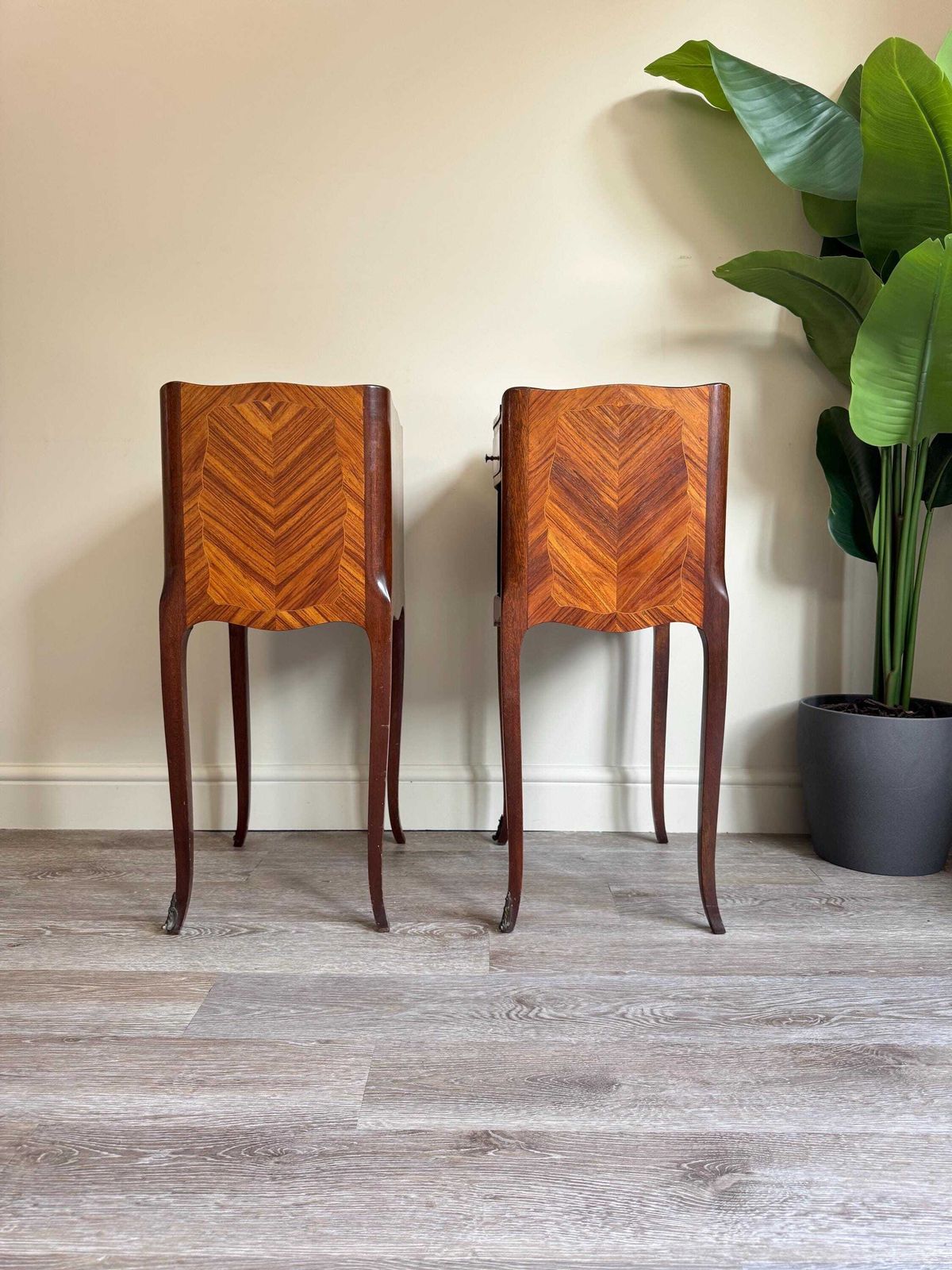 French Antique Bedside Tables Louis XV Style Marquetry Nightstands Vintage photo vinterior