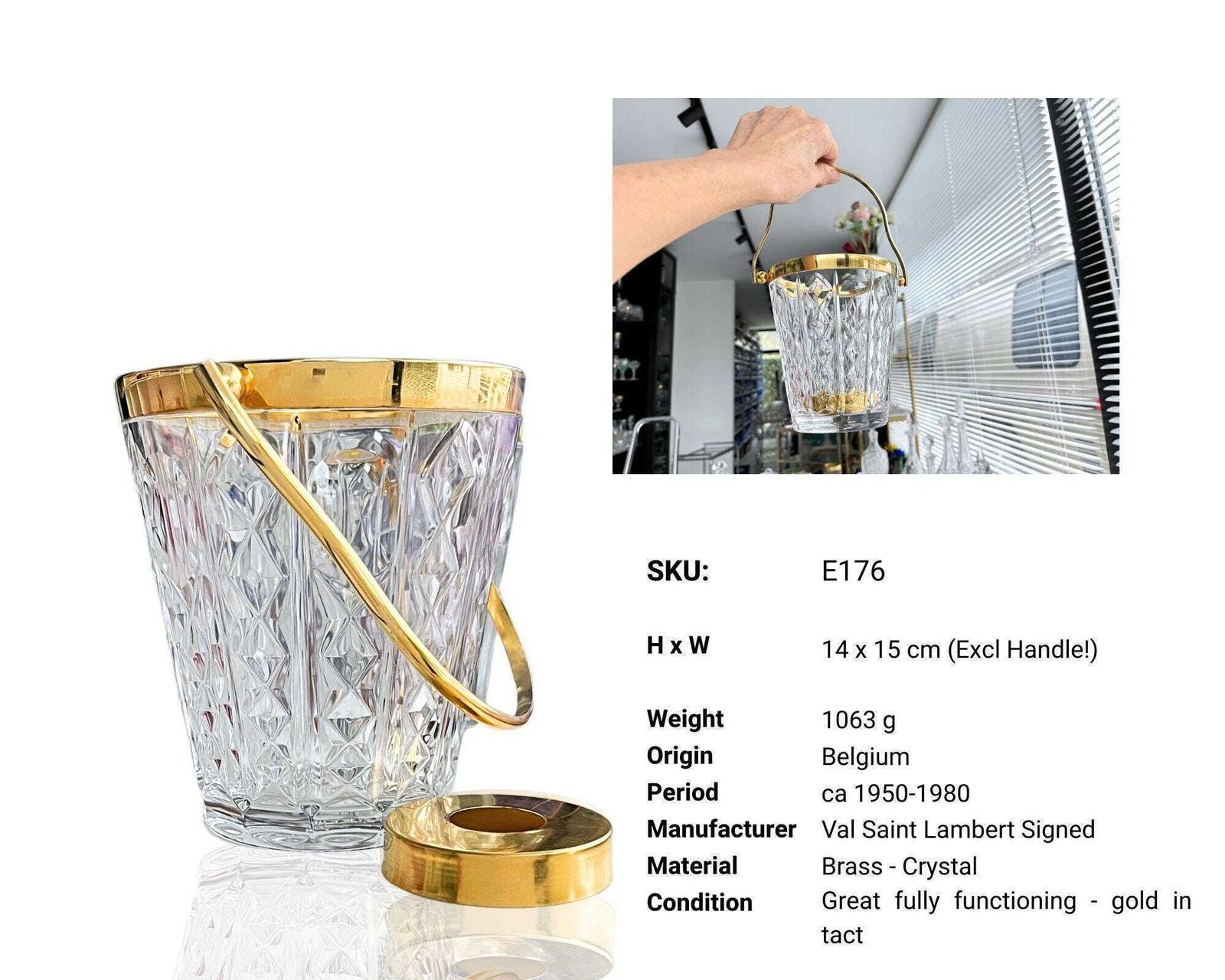Val Saint Lambert Ijsemmer | Messing & Geslepen Kristal | Gesigneerd Belgisch Barware photo Woonaccessoires