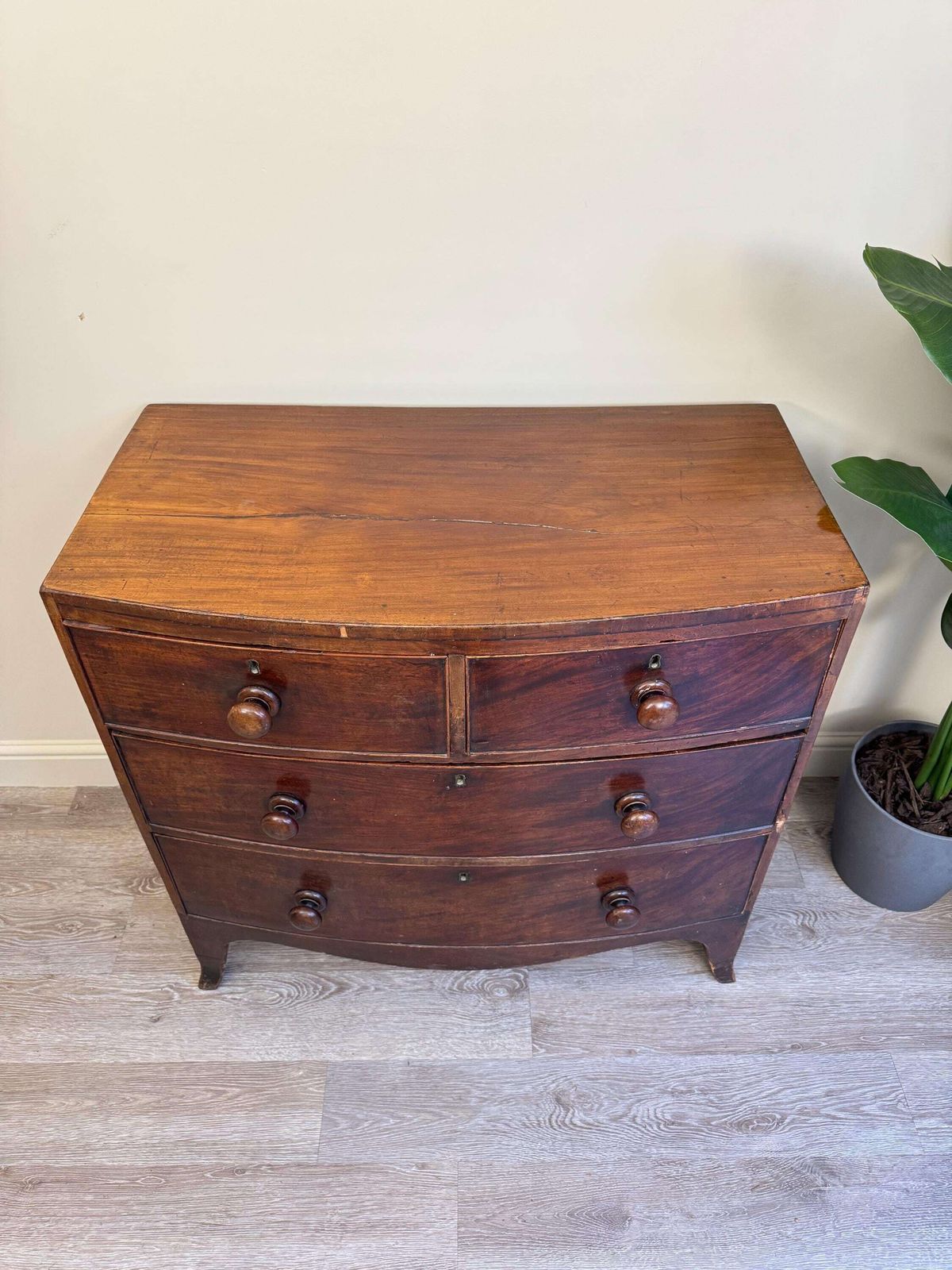 Antique Bow Fronted Small Solid Wooden Chest Of Drawers With Dovetail Ends Dark Wood photo for sale
