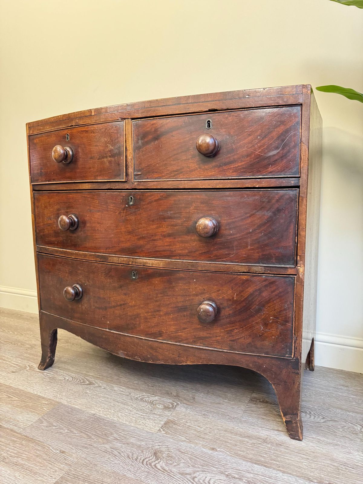 Antique Bow Fronted Small Solid Wooden Chest Of Drawers With Dovetail Ends Dark Wood photo Furniture