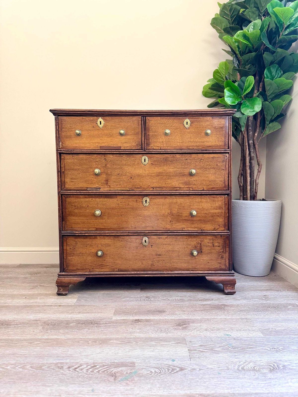 Antique Georgian Chest Of Drawers: Solid Wood Inlay, Metal Handles
