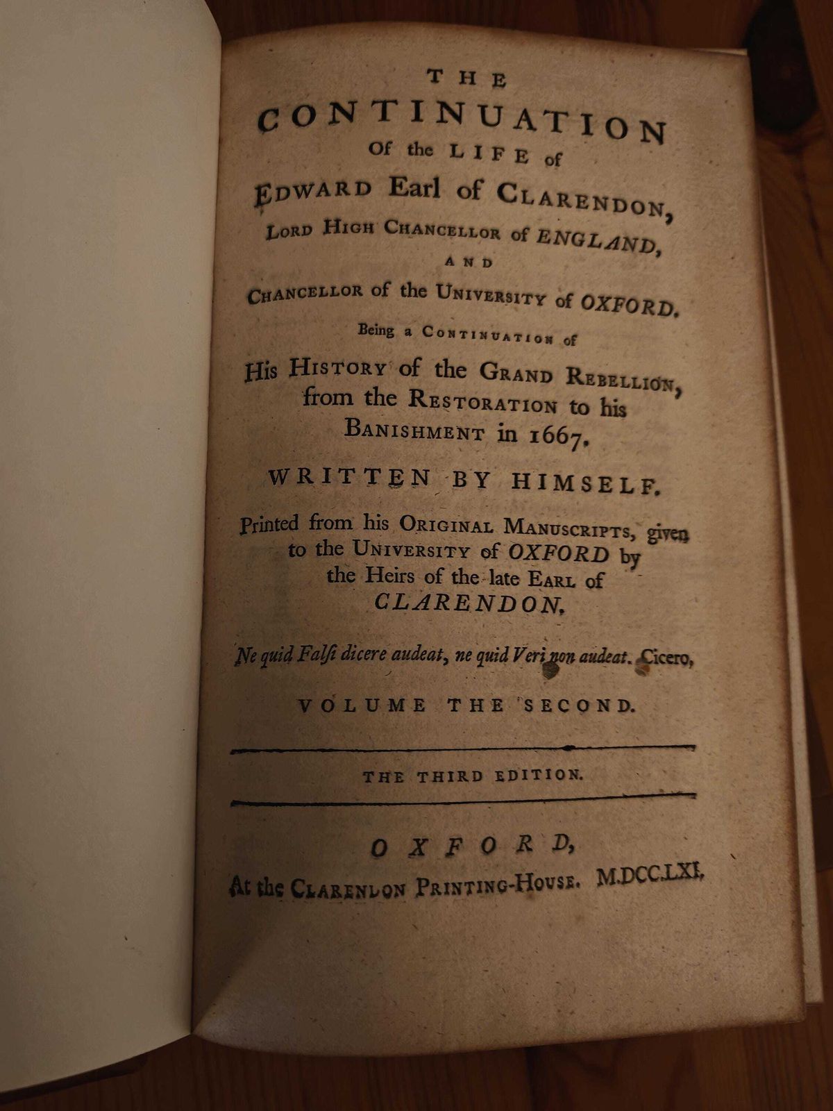 photo for sale The Life Of Edward Earl Of Clarendon, Written By Himself, 1761. Clarendon Printing House. Rebound, Original Paper   Vg To Exc. Antique Copy.