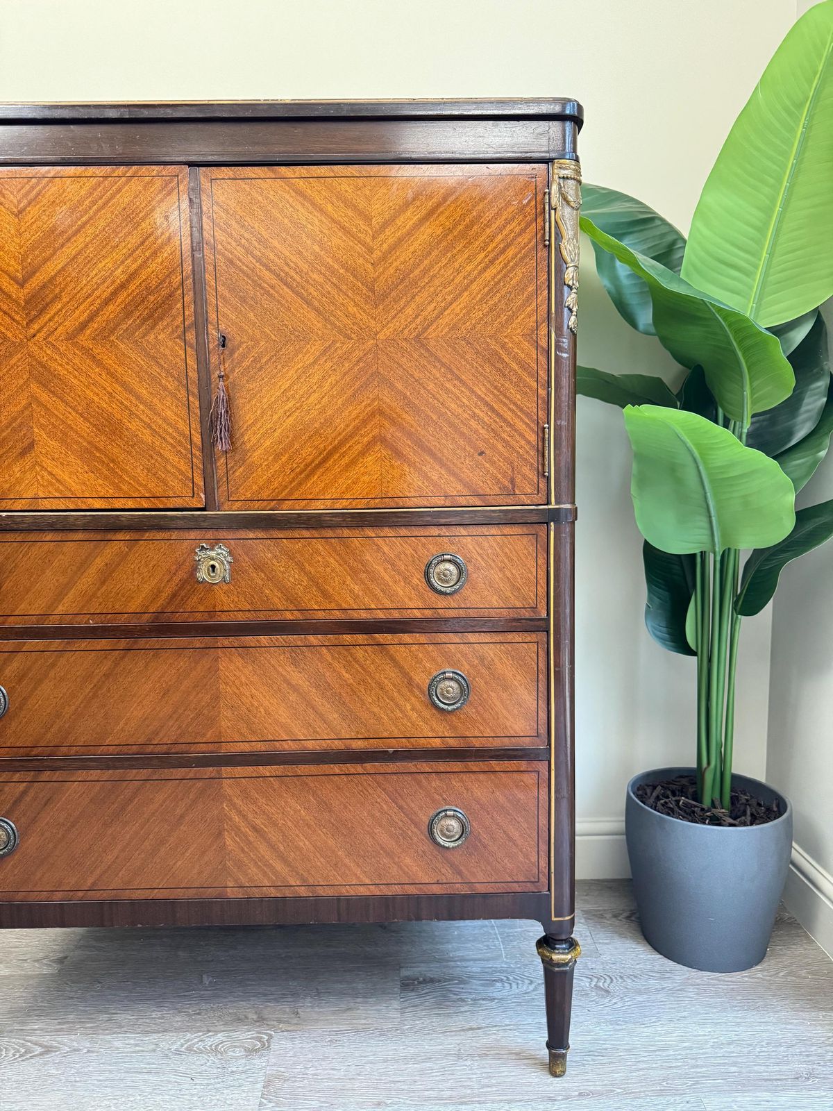Edwardian Vintage Wooden Linen Press Cabinet With Key photo for sale