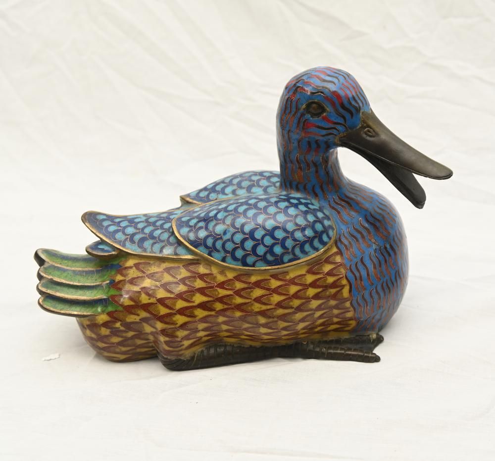 Pair Chinese Cloisonne Ducks Qianlong Bird Statue photo furniture