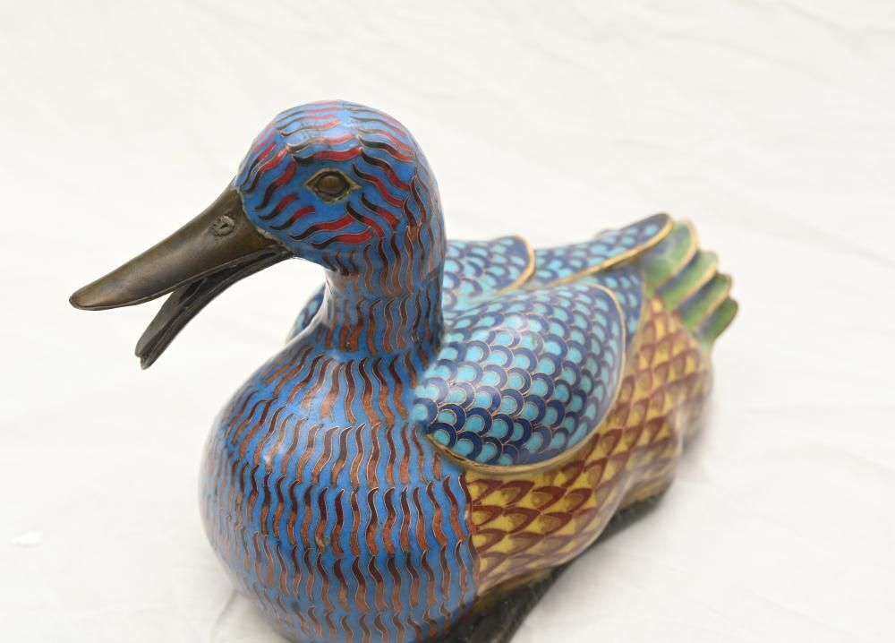 photo for sale Pair Chinese Cloisonne Ducks Qianlong Bird Statue