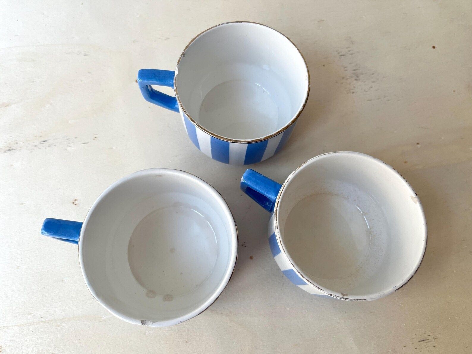 French Art Deco Set Of 3 Teacups And Saucers, Fox Trott Sarreguemines France 1930s, Antique Blue Stripes Earthenware Tableware photo 244.0