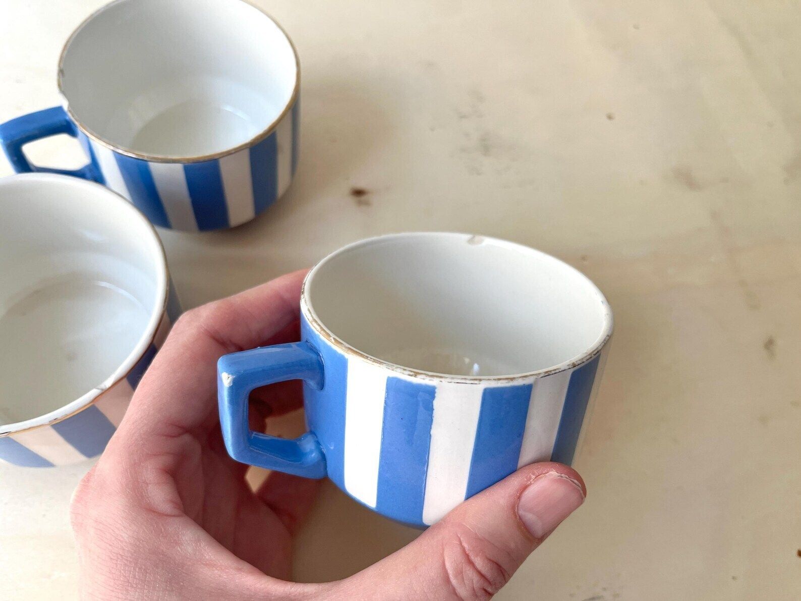French Art Deco Set Of 3 Teacups And Saucers, Fox Trott Sarreguemines France 1930s, Antique Blue Stripes Earthenware Tableware photo vintage